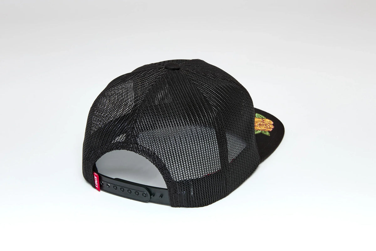 Kimes Ranch Hunton Trucker hat in Black, back view, with mesh back and embroidered rose on the side
