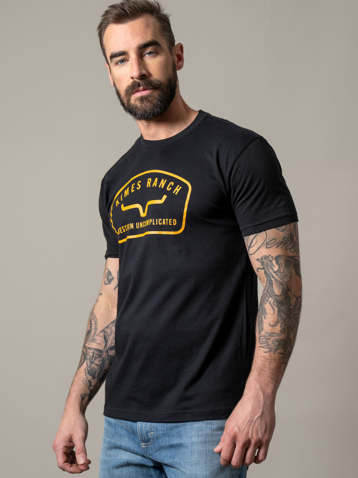 Kimes Ranch Hunton shirt in Black with a yellow logo and Western Uncomplicated text