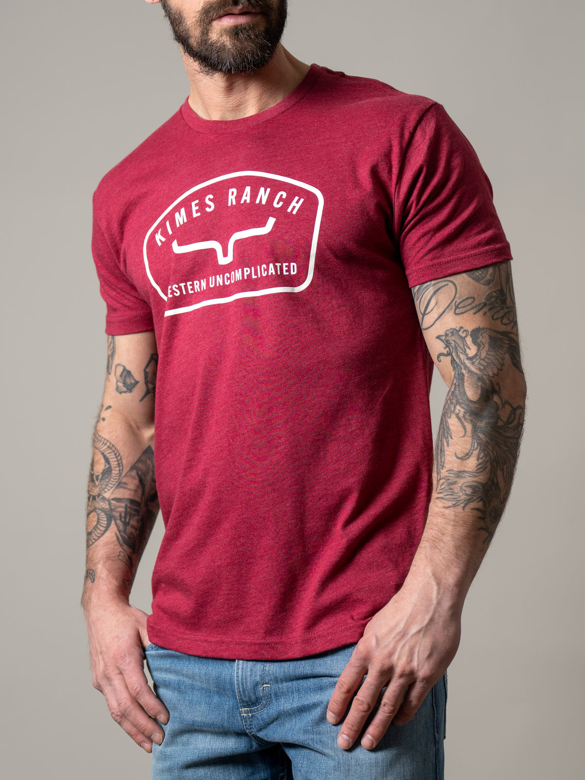 Kimes Ranch Hunton shirt in Cardinal with a front chest graphic and short sleeves
