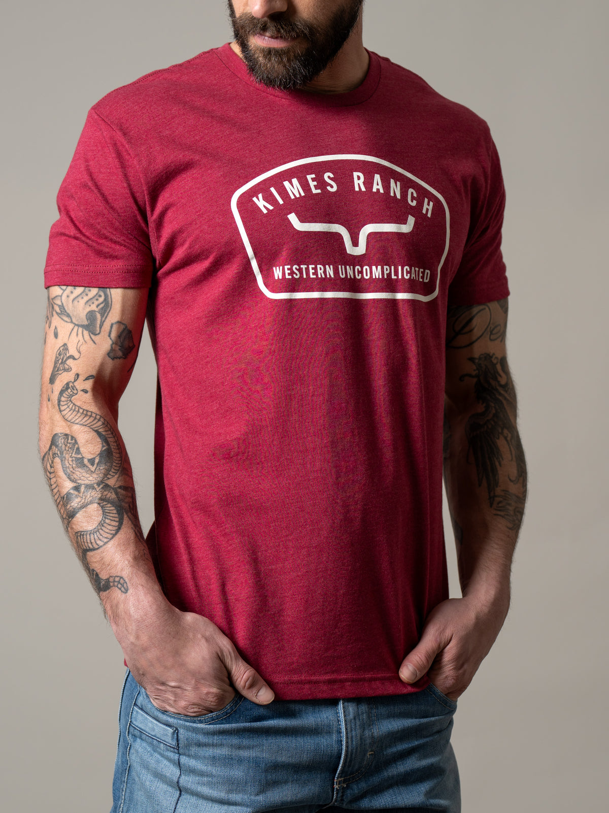 Kimes Ranch Hunton short sleeve shirt in Cardinal with the Kimes Ranch logo and Western Uncomplicated text