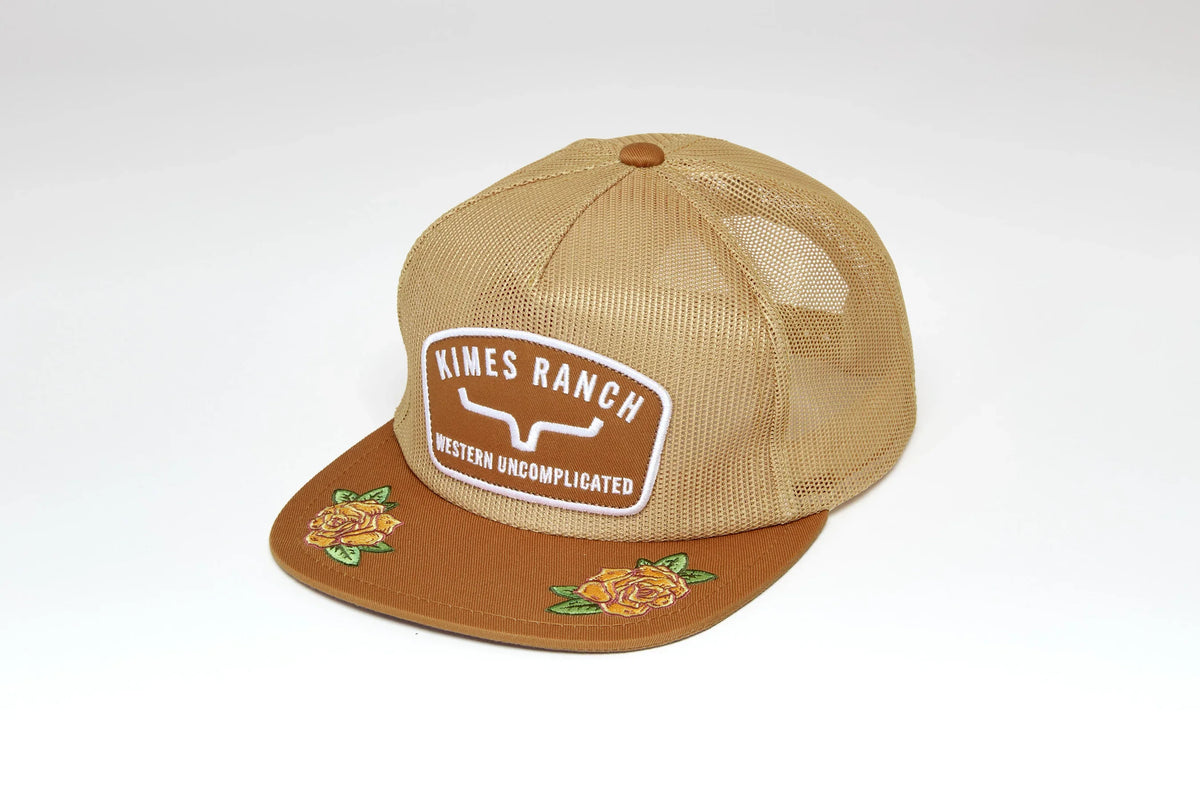 Kimes Ranch Hunton Trucker hat in Work Wear Brown with embroidered roses on the brim and the Kimes Ranch logo on the front
