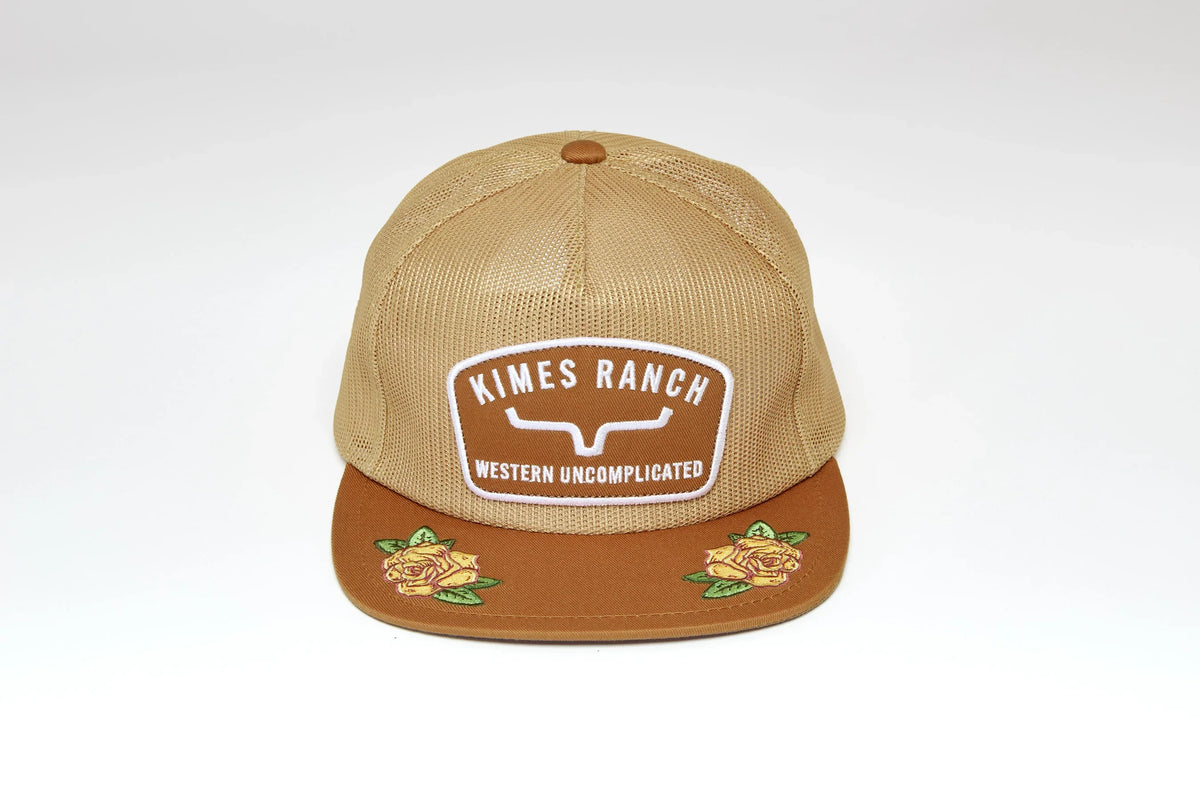 Kimes Ranch Hunton Trucker hat in Work Wear Brown with embroidered Kimes Ranch logo and rose graphics on the brim