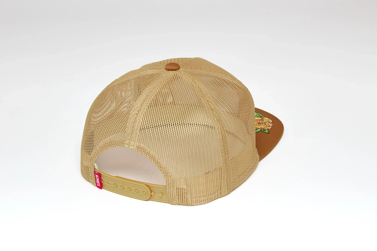 Kimes Ranch Hunton Trucker hat in Work Wear Brown, back view, with tan mesh back and adjustable strap