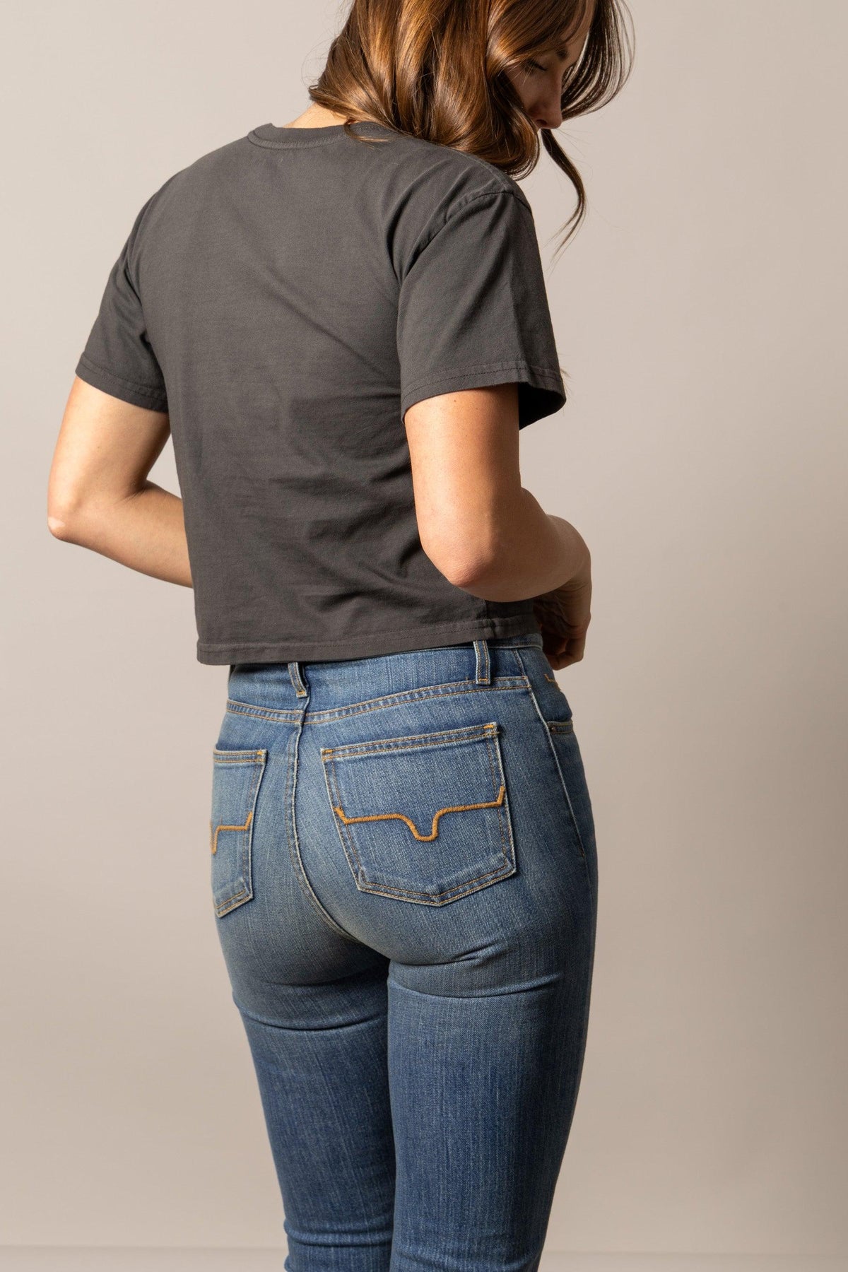 Kimes Ranch Invitation Shirt in Pepper, back view, with short sleeves and a crew neckline