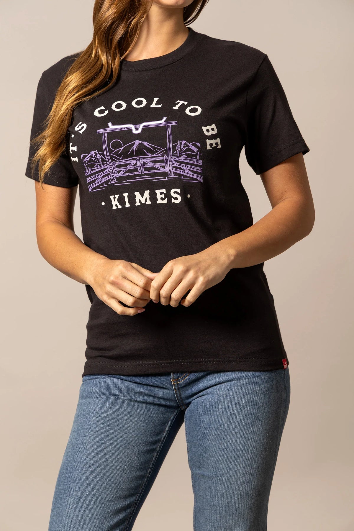 Kimes Ranch It's Cool to be Kimes Black shirt with a purple gate and mountain graphic and white text