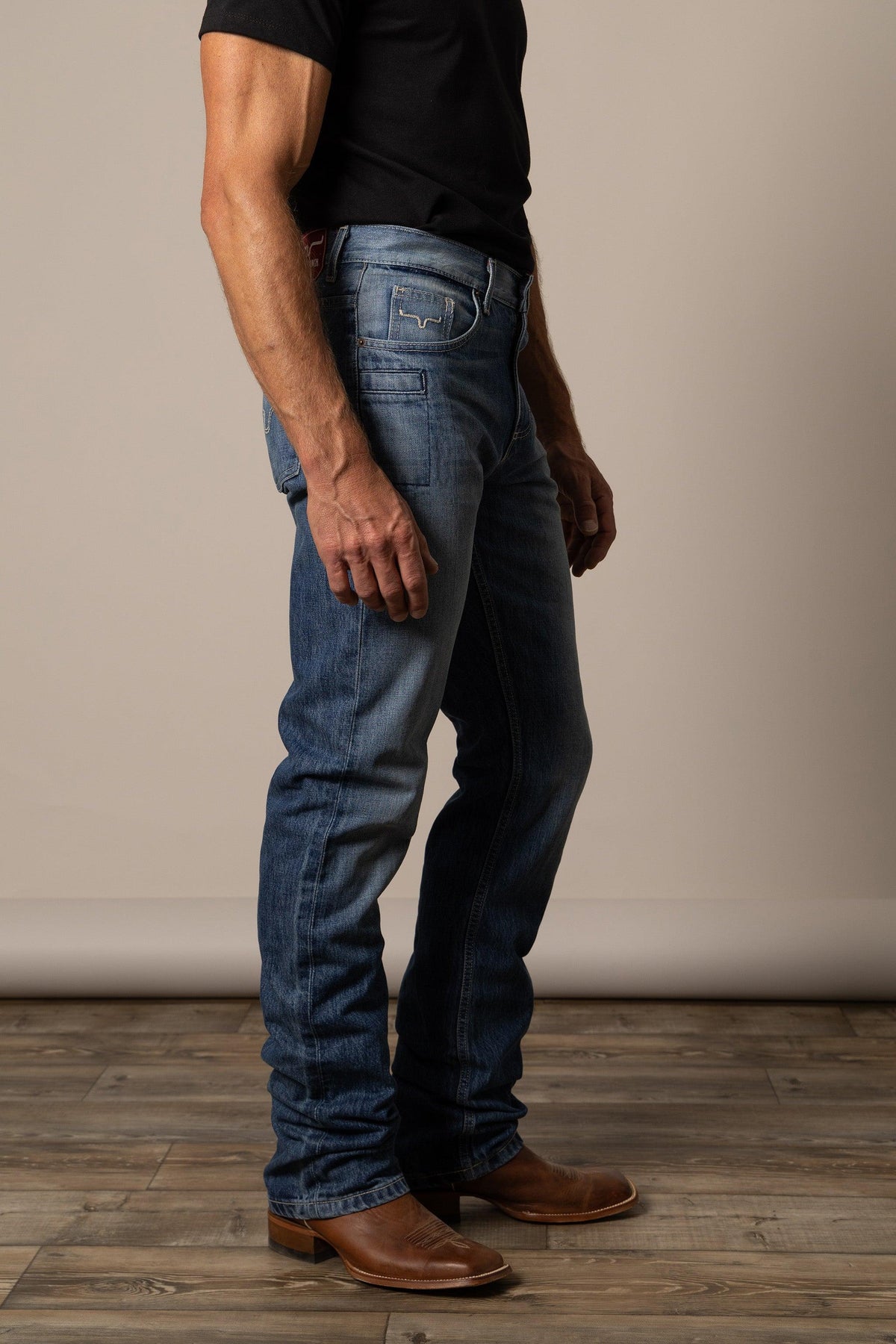 Kimes Ranch James Straight Fit Bootcut jeans in Mid Wash, side view, with the classic five-pocket styling and relaxed fit