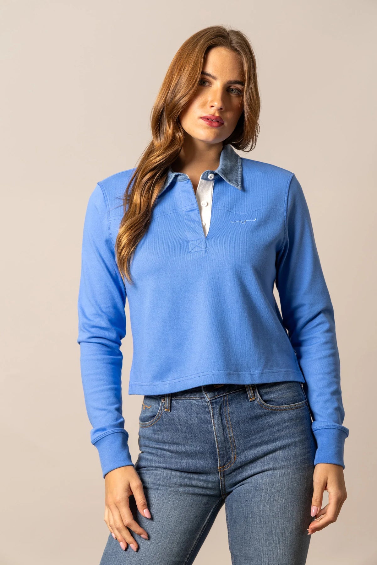 Kimes Ranch Jamila Rugby top in Marine Blue with a collar and embroidered logo