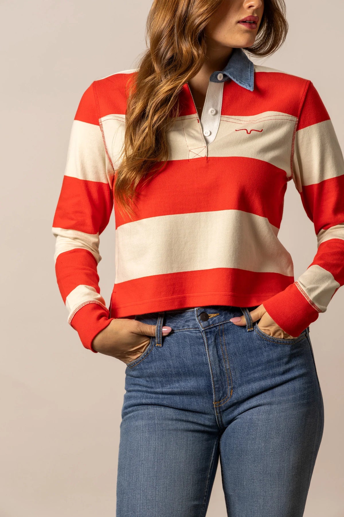 Kimes Ranch Jamila Rugby top in Red with cream horizontal stripes and a collar