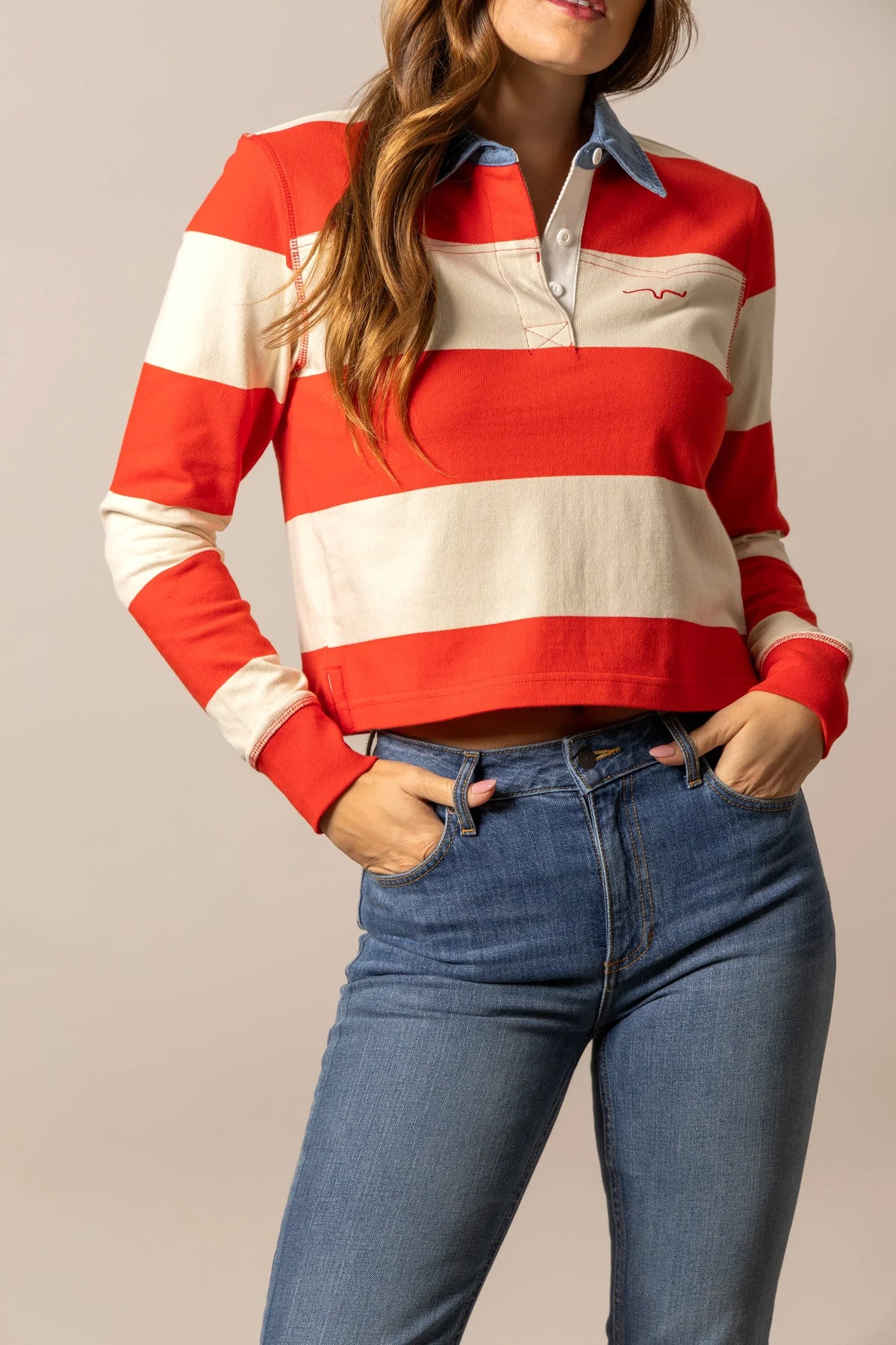 Kimes Ranch Jamila Rugby top in Red with wide cream horizontal stripes and a collar