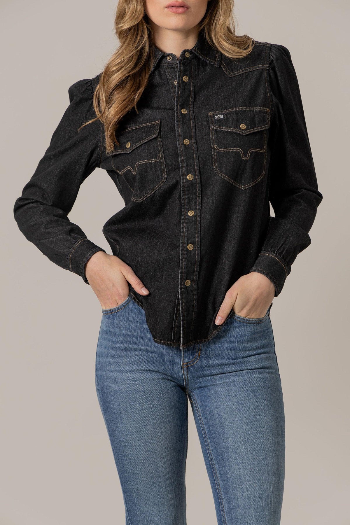 Kimes Ranch Jane Denim Snap top in Black with long sleeves, snap front, and western yoke with contrast stitching