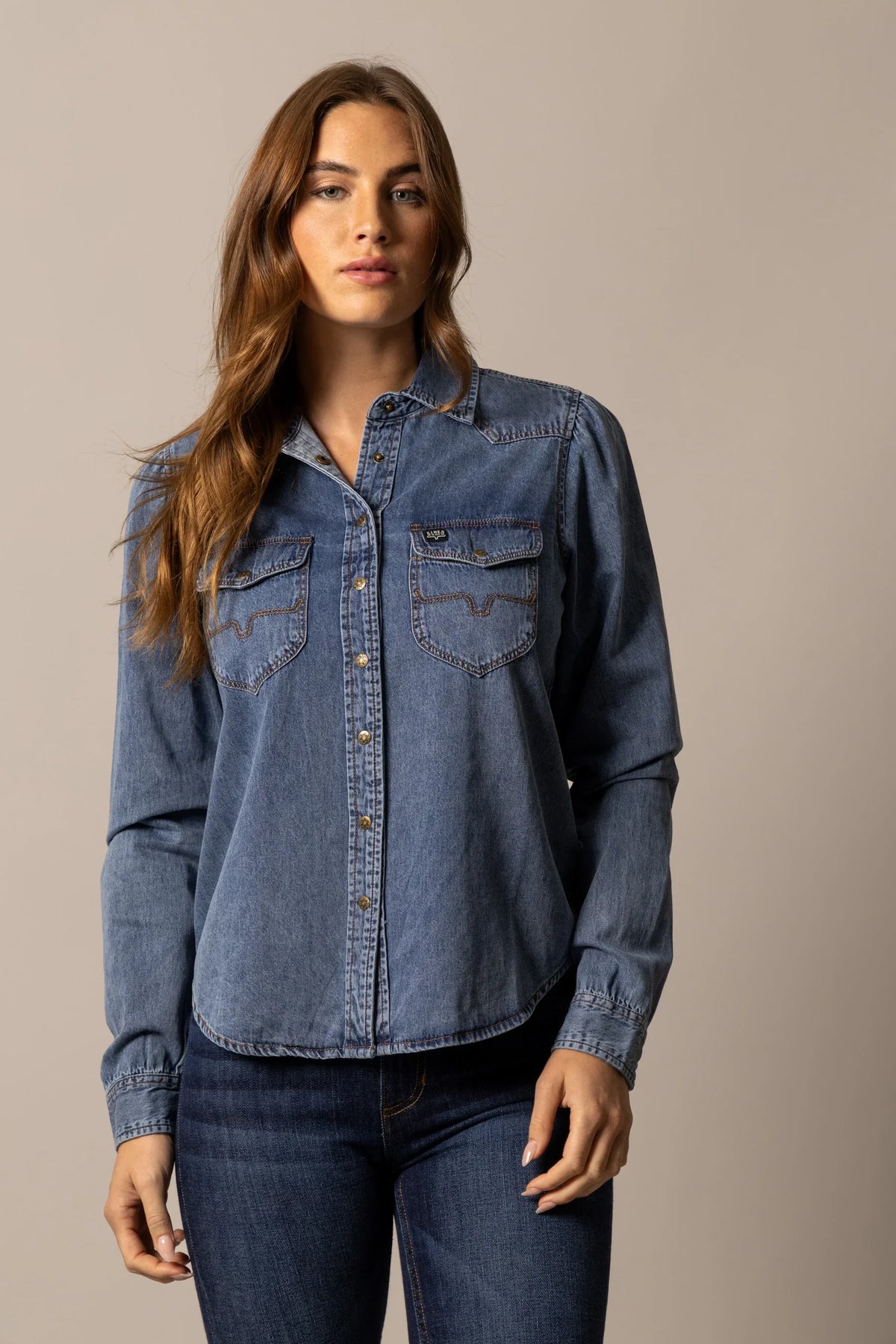 Kimes Ranch Jane Denim Snap top in Indigo Blue with chest pockets and snap buttons