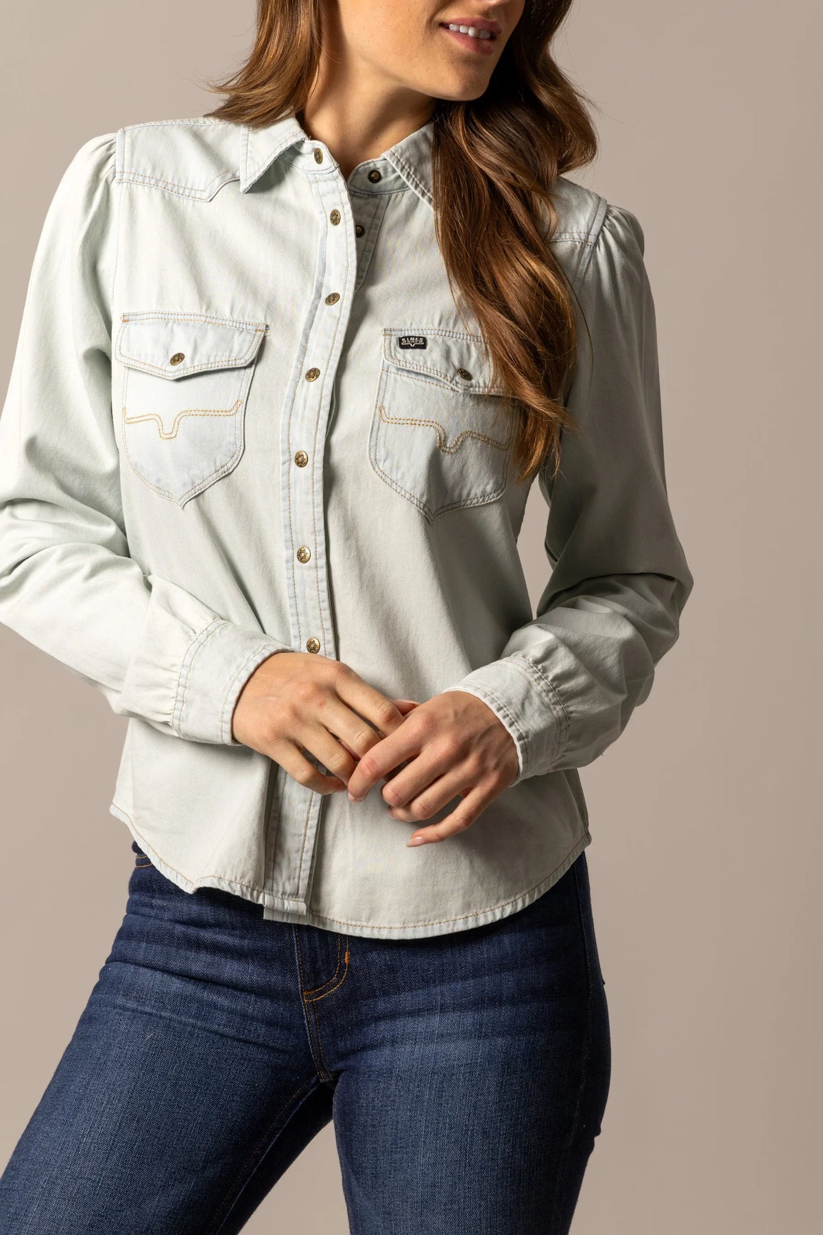 Kimes Ranch Jane Denim Snap top in Light Blue with button front and western yoke stitching