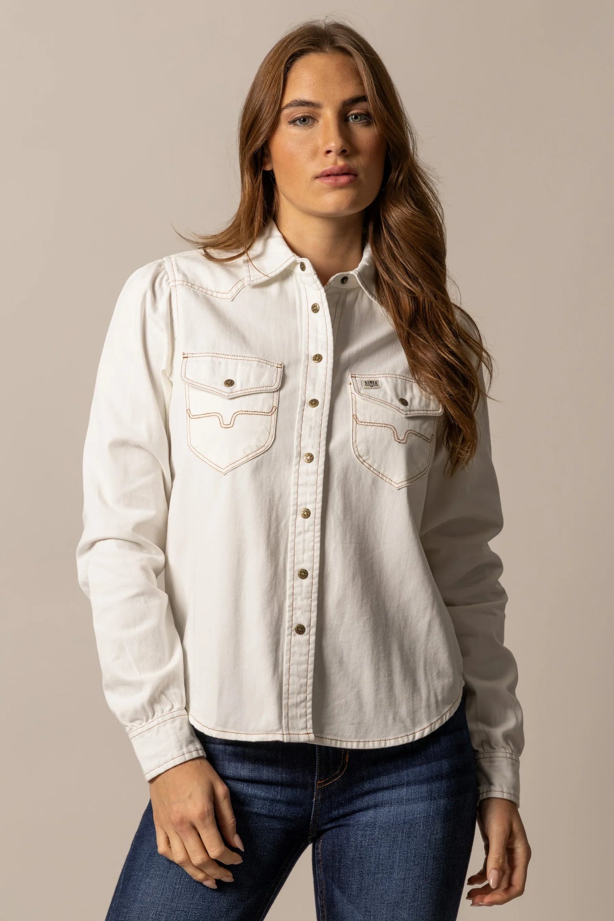 Kimes Ranch Jane Denim Snap top in Pristine with contrast stitching and two chest pockets