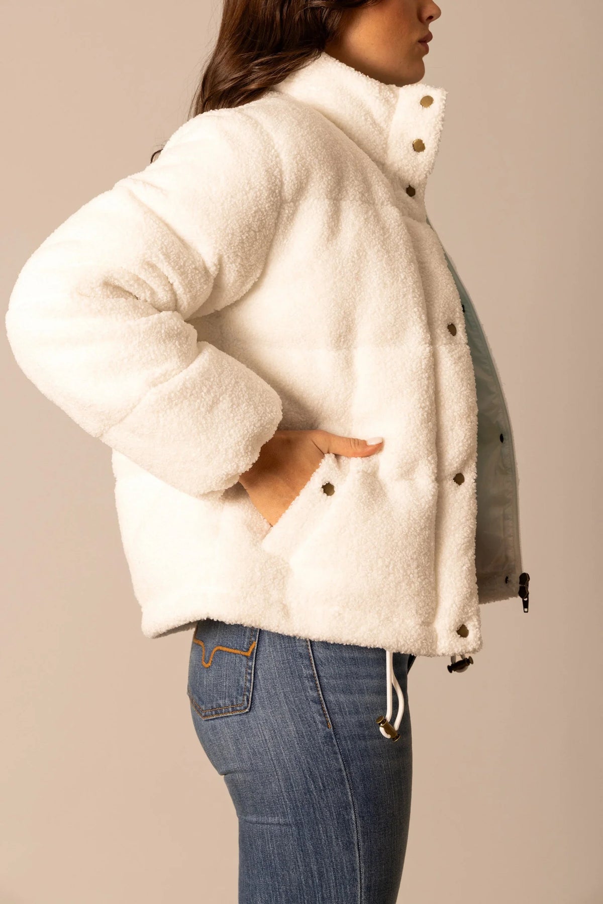 Kimes Ranch Jaycee Jacket in Natural, side view, with a high collar, snap closure, and side pockets
