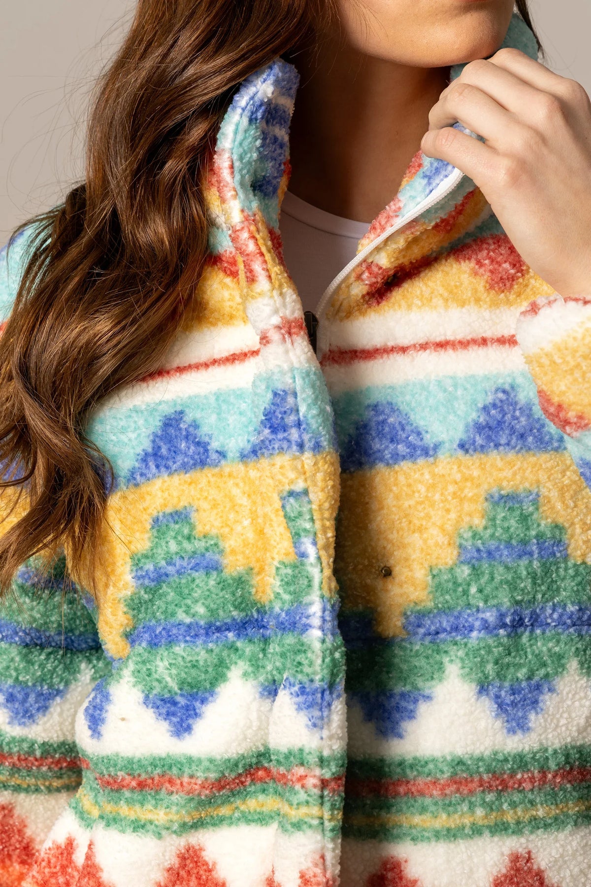 Kimes Ranch Jaycee Jacket in Turquoise, close-up, with a multi-color geometric pattern and a high collar