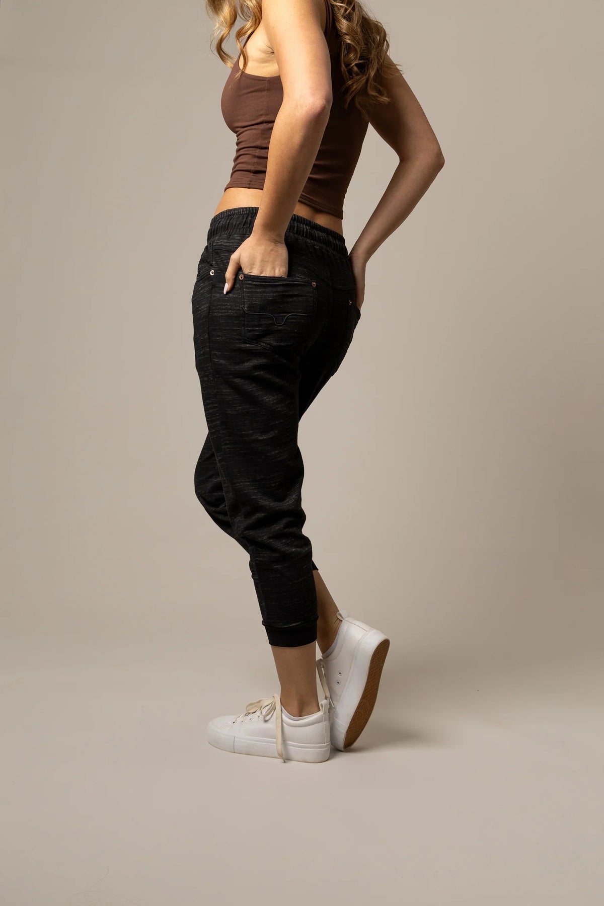 Kimes Ranch Joanie pants in Black, side view, with a relaxed fit and back pockets