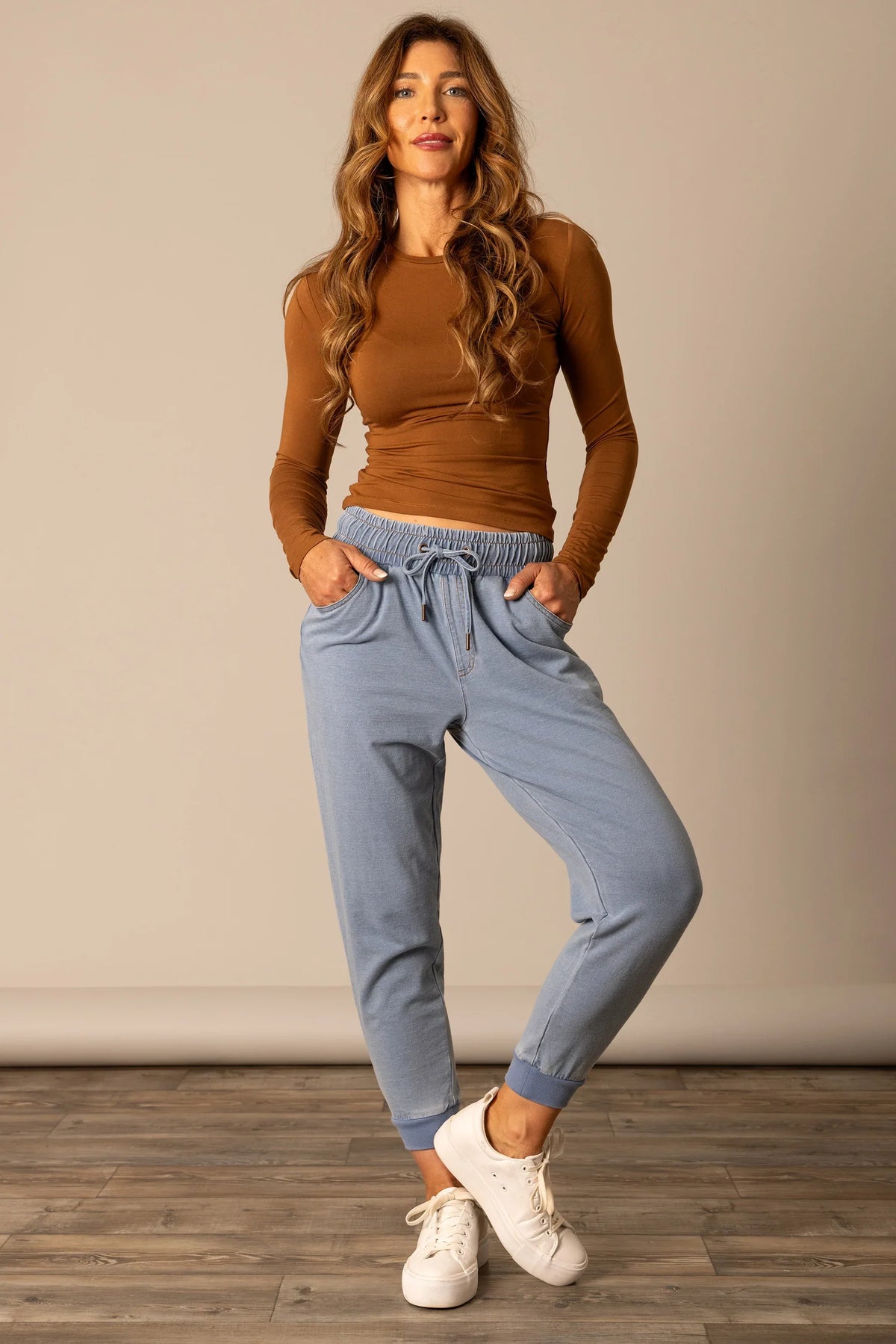 Kimes Ranch Joanie Pants in Light Wash Indigo with an elastic waistband and front pockets