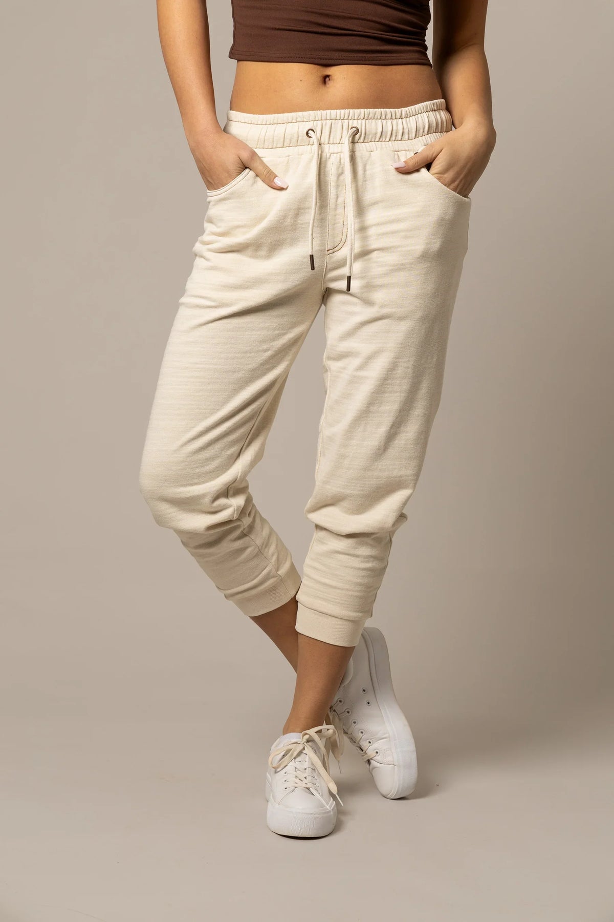 Kimes Ranch Joanie pants in Natural with an elastic waistband, drawstring, and front pockets
