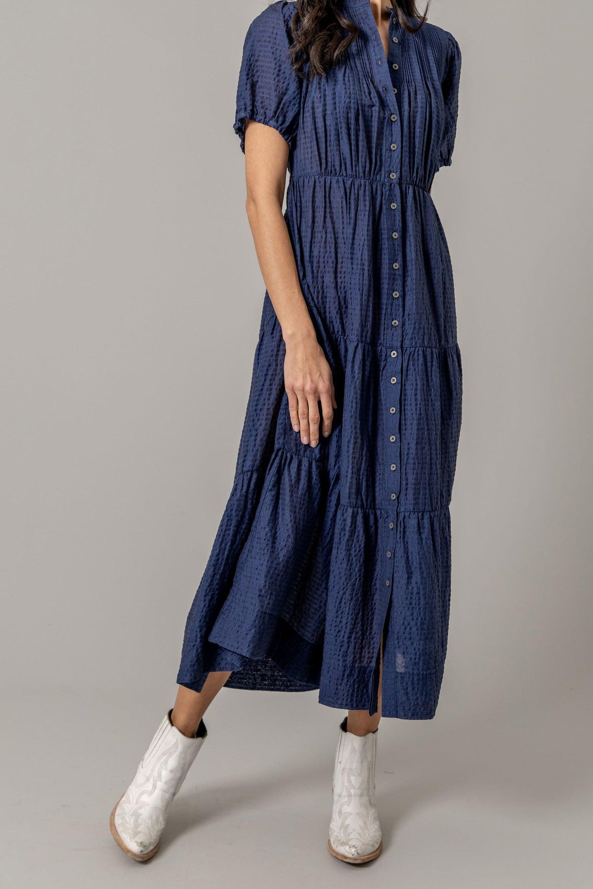 Kimes Ranch Jocelyn Tencel Dress in Blue with short sleeves and a button-front bodice