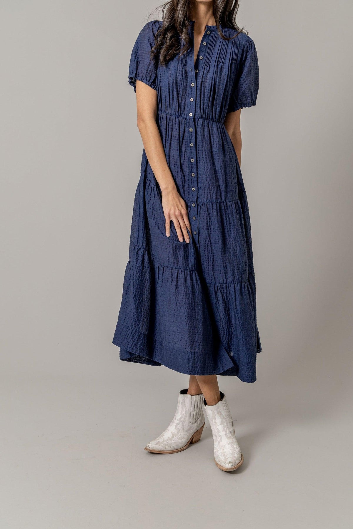 Kimes Ranch Jocelyn Tencel Dress in Blue with short puff sleeves and tiered skirt