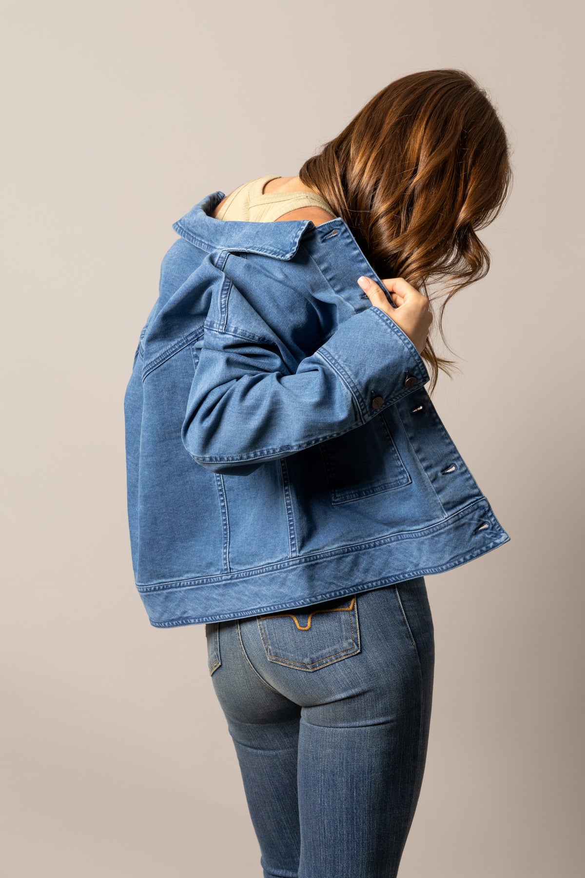 Kimes Ranch Joey Jacket in Antique Wash, side view, with long sleeves and a classic collar
