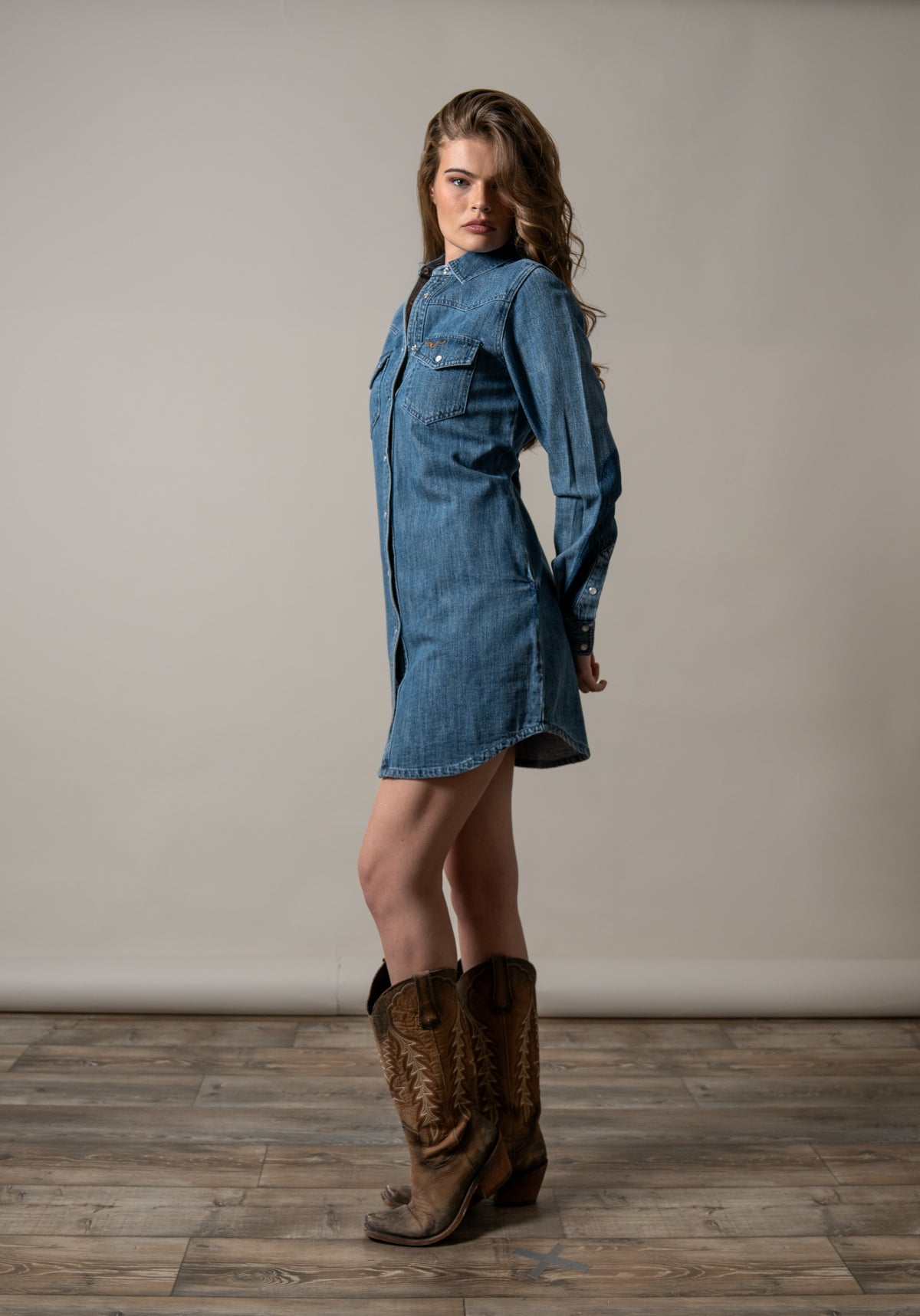 Kimes Ranch Jordi, side view, Indigo shirt dress with long sleeves and chest pockets
