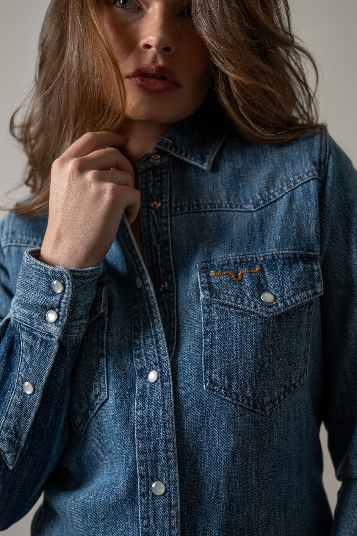 Kimes Ranch Jordi Indigo shirt dress with pearl snap buttons and embroidered logo on chest pocket
