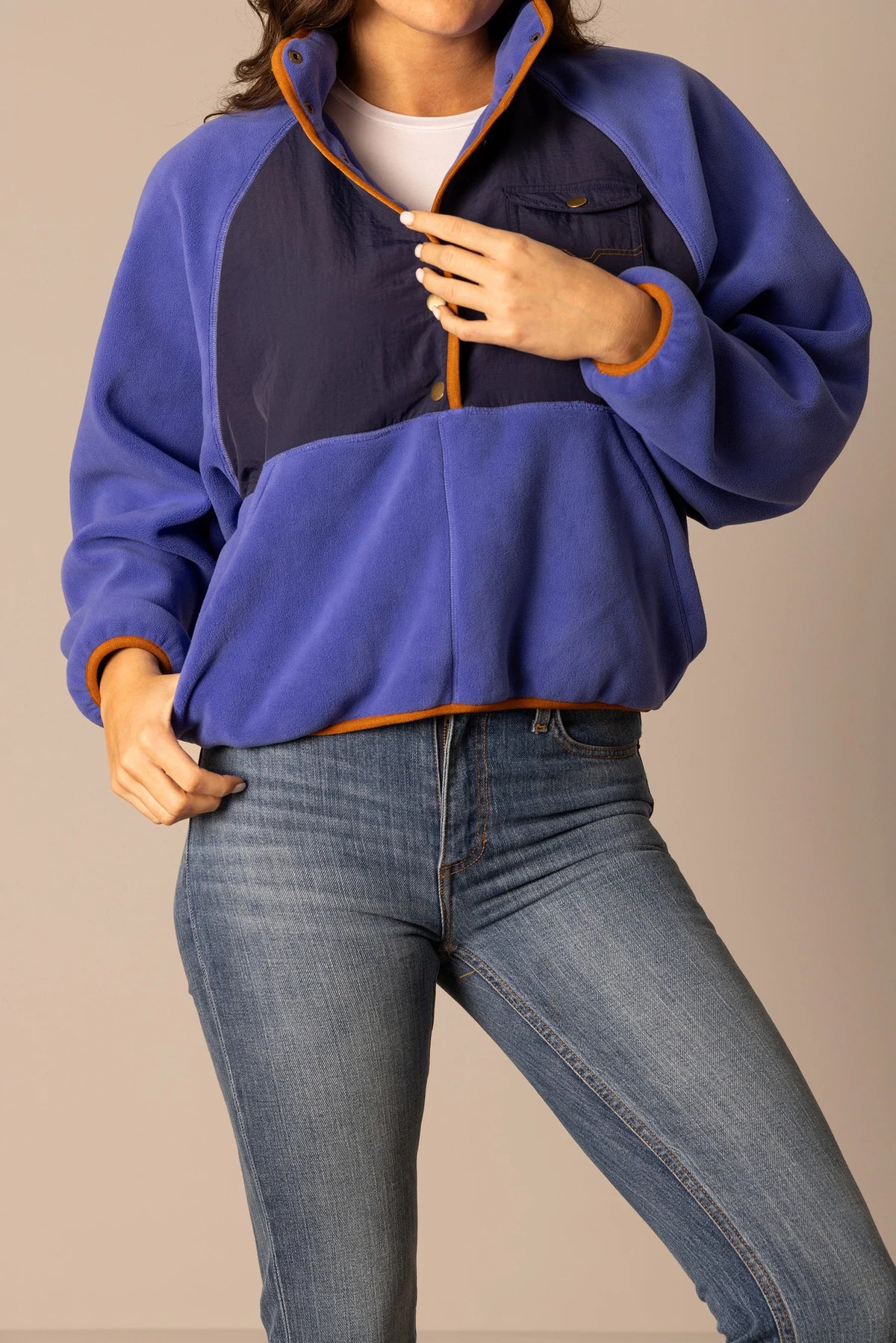 Kimes Ranch Josie Fleece sweatshirt in Blue with navy panel and orange trim