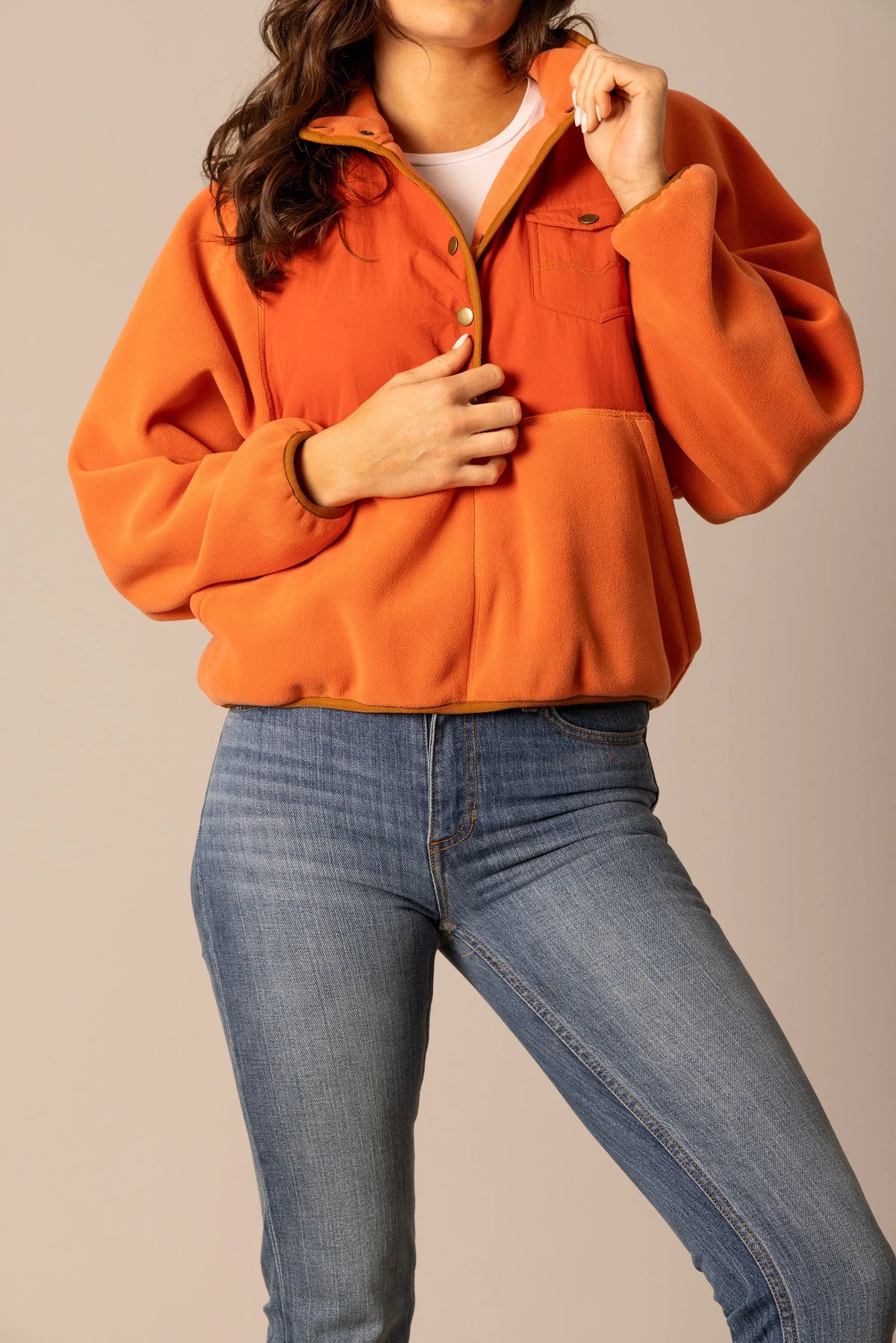 Kimes Ranch Josie Fleece sweatshirt in Muted Red with a front pocket and button closure