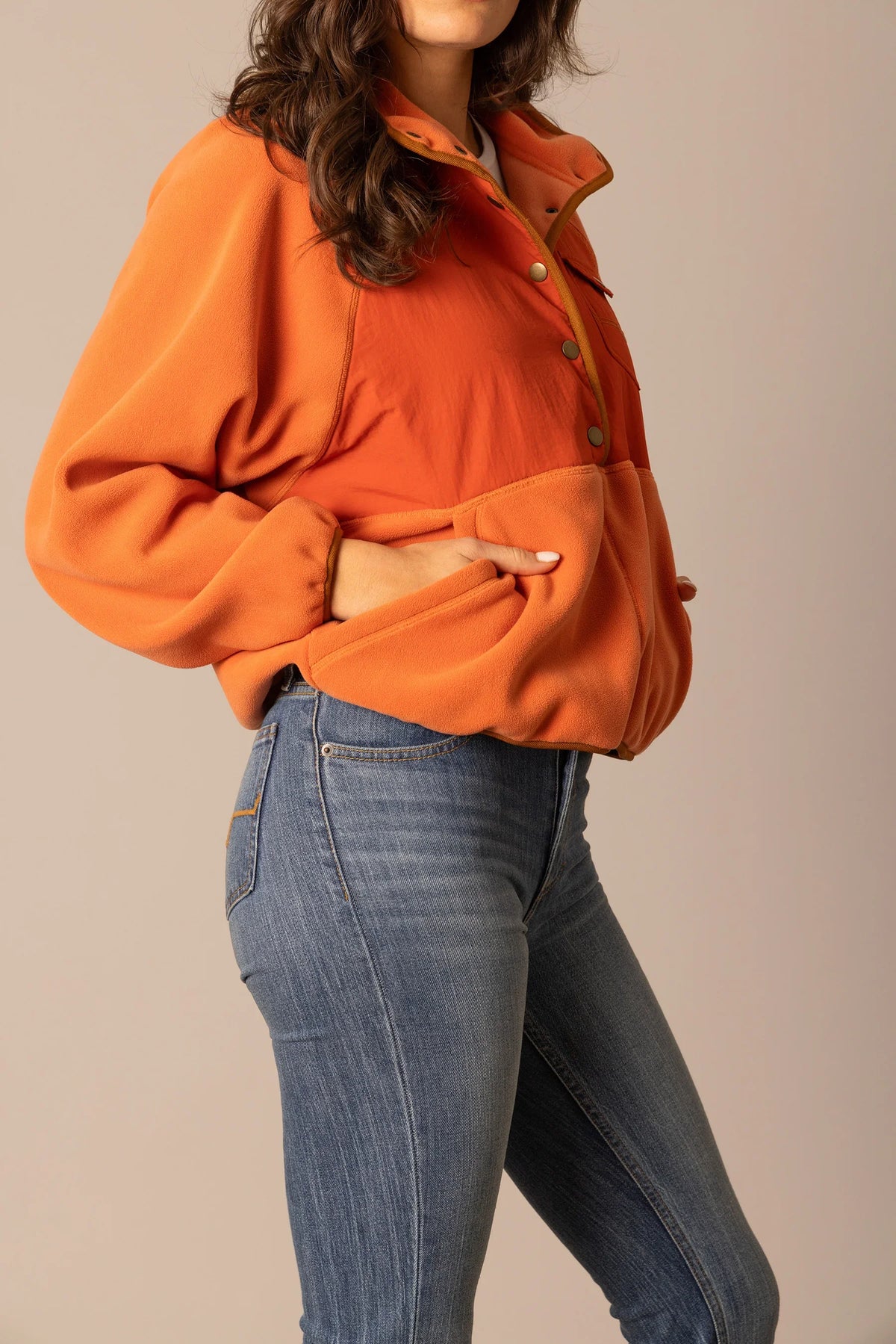Kimes Ranch Josie Fleece sweatshirt in Muted Red, side view, with a stand collar and front button placket