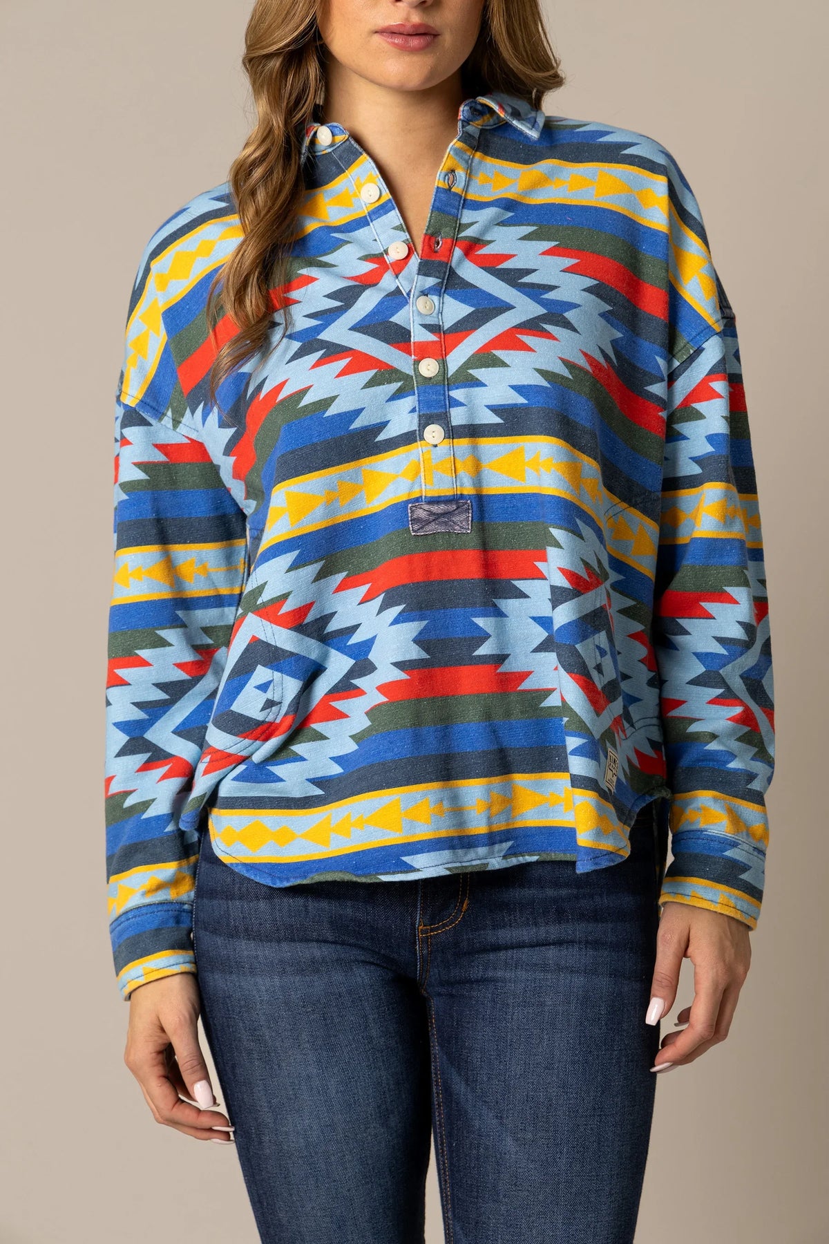 Kimes Ranch Judith sweater with a multi-color geometric pattern and a button placket