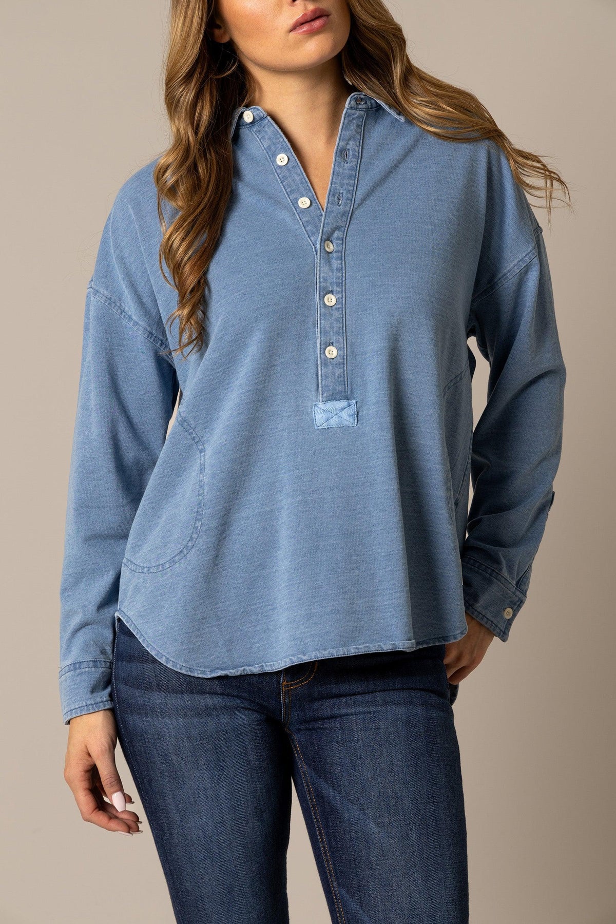 Kimes Ranch Judith sweater in Lt Wash Indigo with a button placket and patch pockets