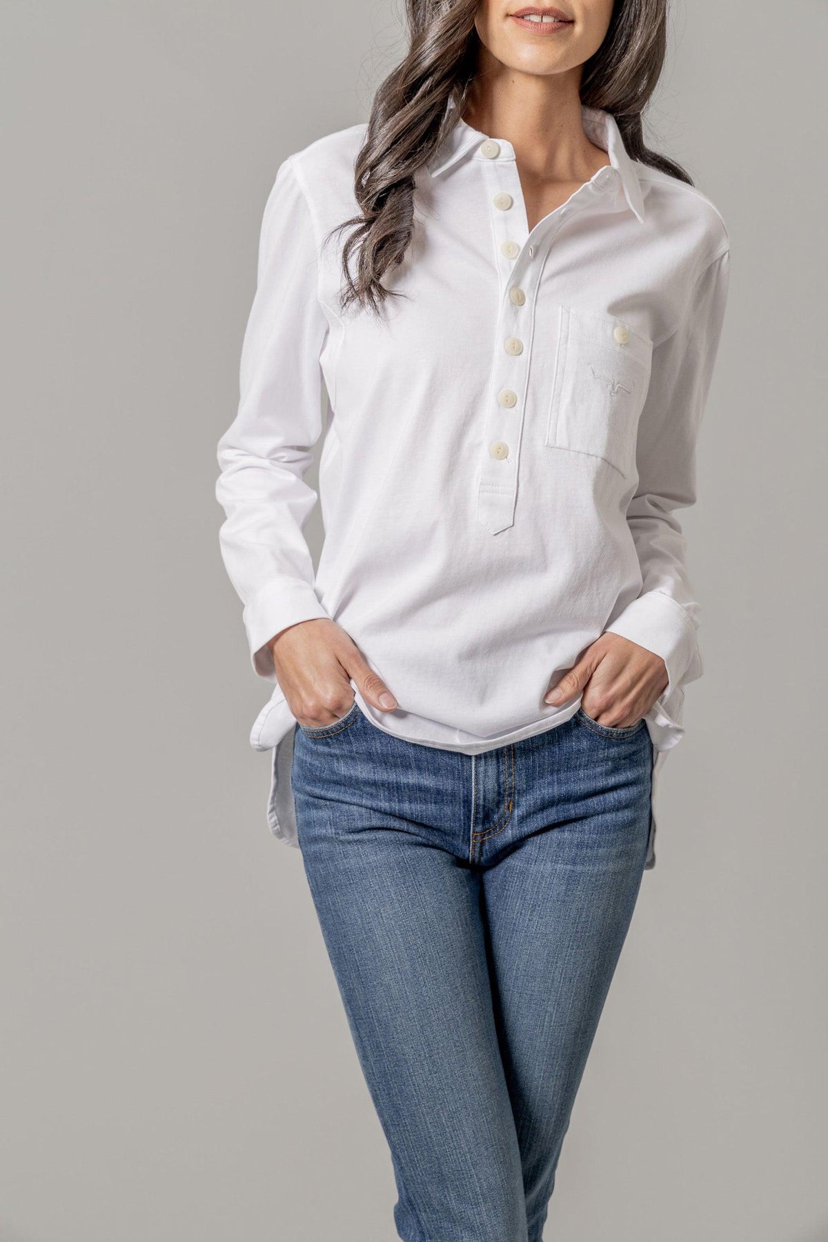 Kimes Ranch Julia top in Pristine with a button placket and chest pocket