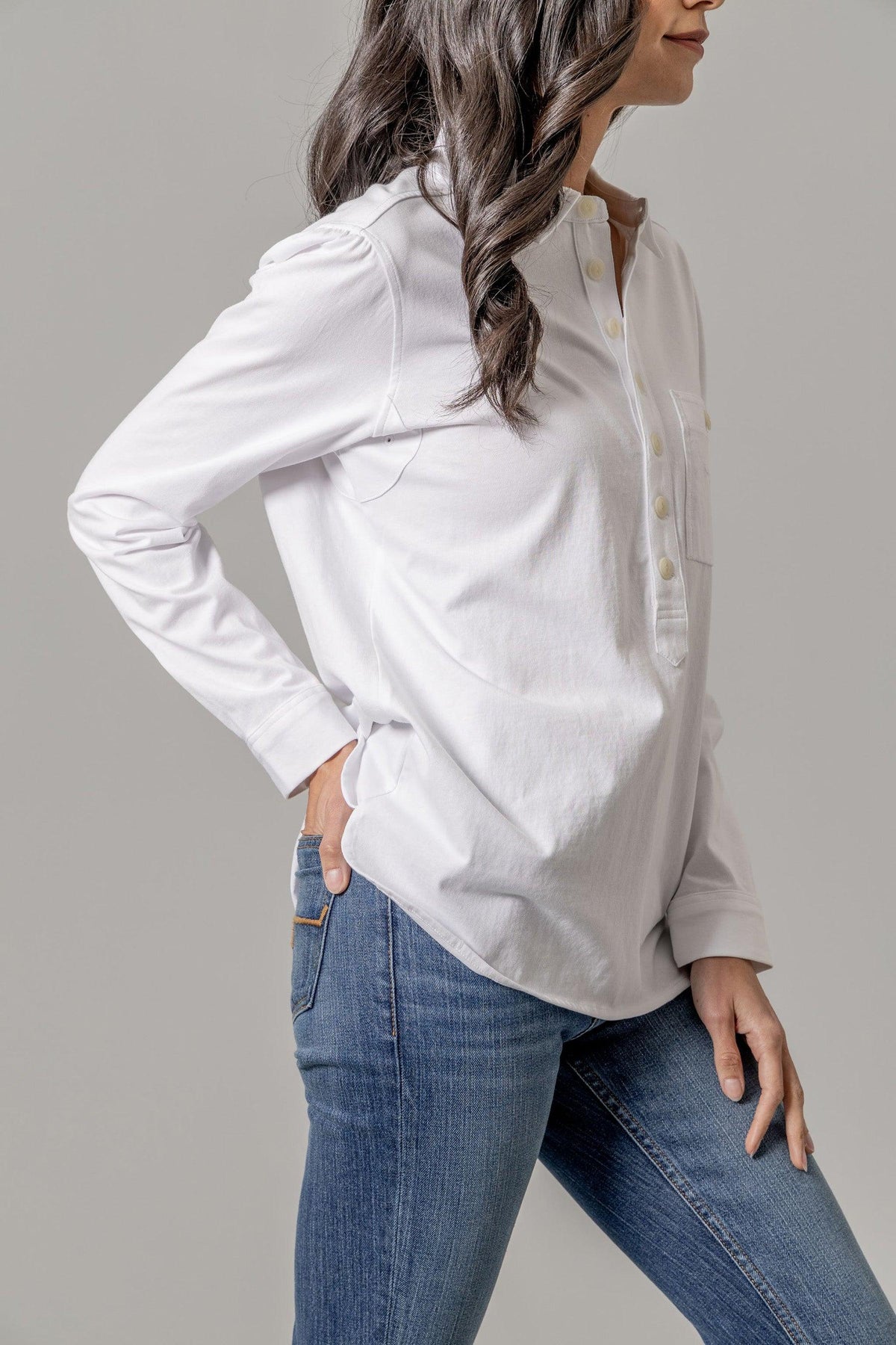 Kimes Ranch Julia top in Pristine, side view, with a button placket and chest pocket