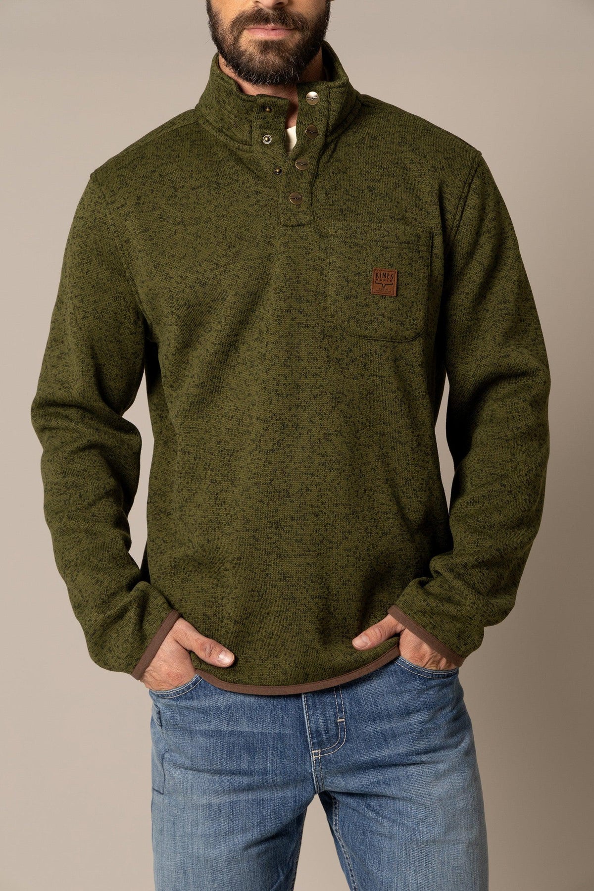 Kimes Ranch Julian Pullover sweatshirt in Army Green with a button placket and chest pocket