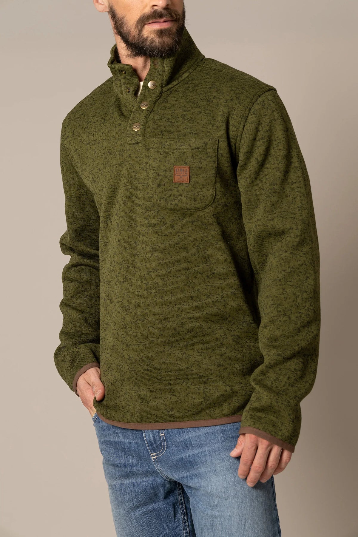 Kimes Ranch Julian Pullover sweatshirt in Army Green with a button placket and chest pocket
