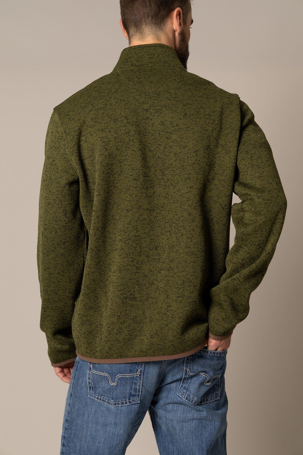Kimes Ranch Julian Pullover sweatshirt in Army Green, back view, with a stand collar and long sleeves