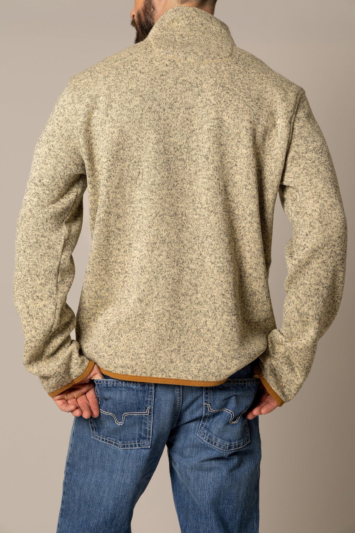 Kimes Ranch Julian Pullover sweatshirt in Natural, back view, with long sleeves and tan trim at the cuffs and hem