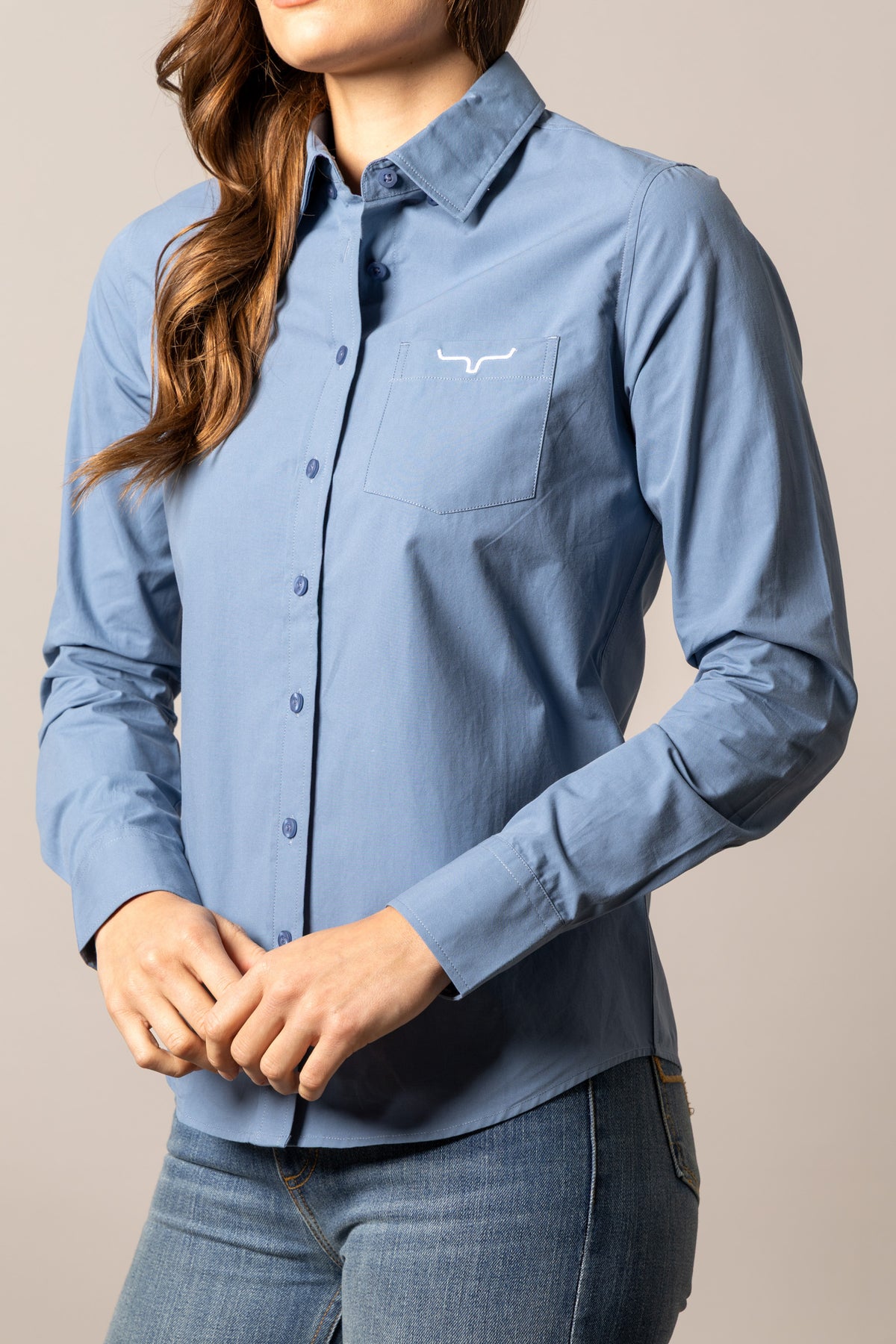 Kimes Ranch Ladies KR Team Shirt in Carbon Blue with long sleeves and chest pocket logo