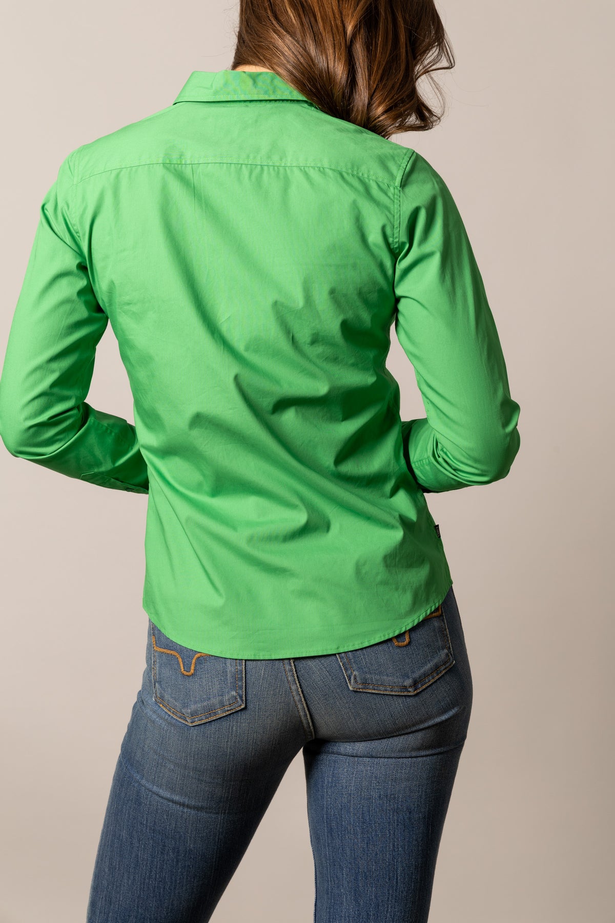 Kimes Ranch Ladies KR Team Shirt in Kelly Green, back view, with long sleeves and a back yoke