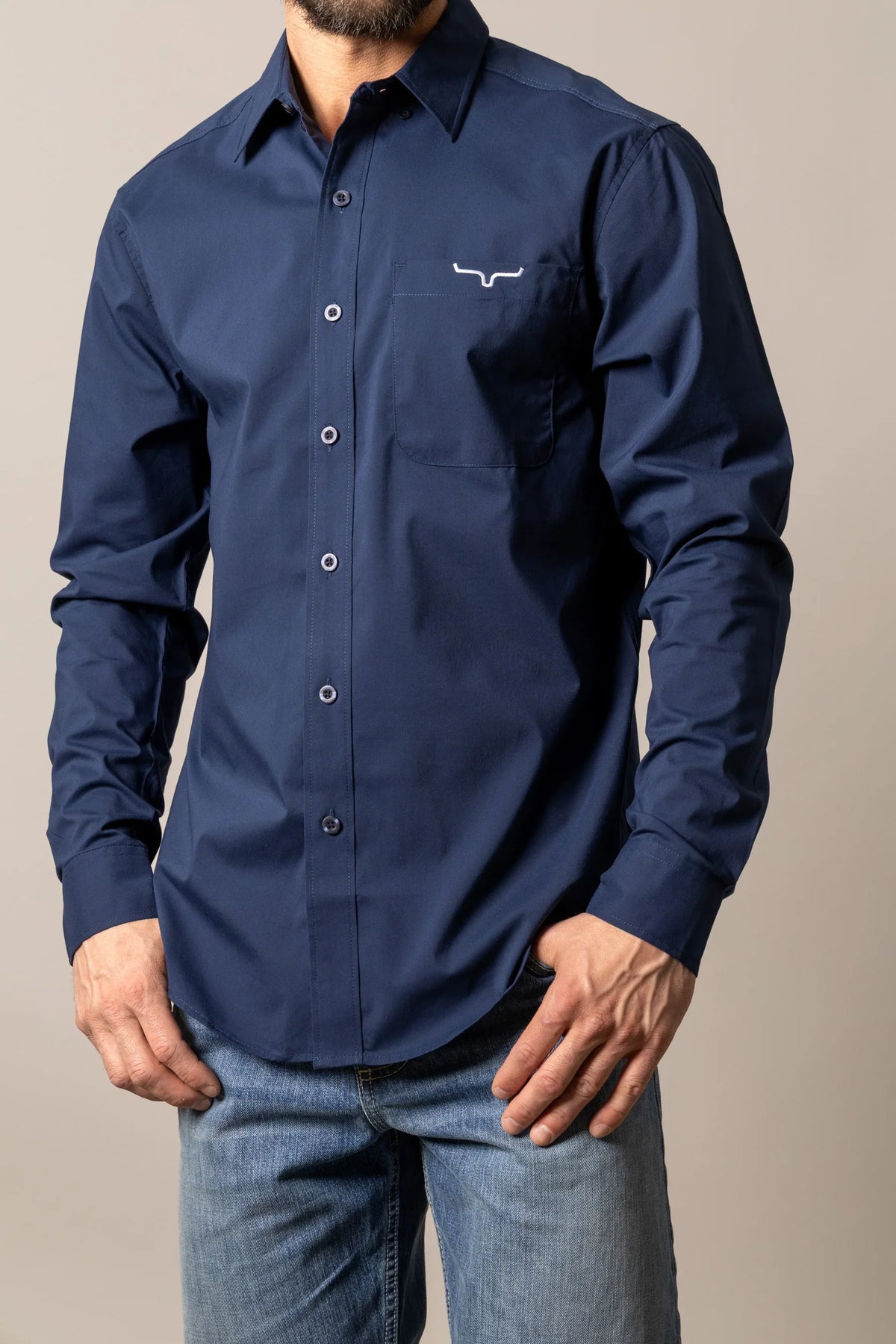 Kimes Ranch KR Team Dress Shirt in Navy with long sleeves and a chest pocket featuring the Kimes Ranch logo