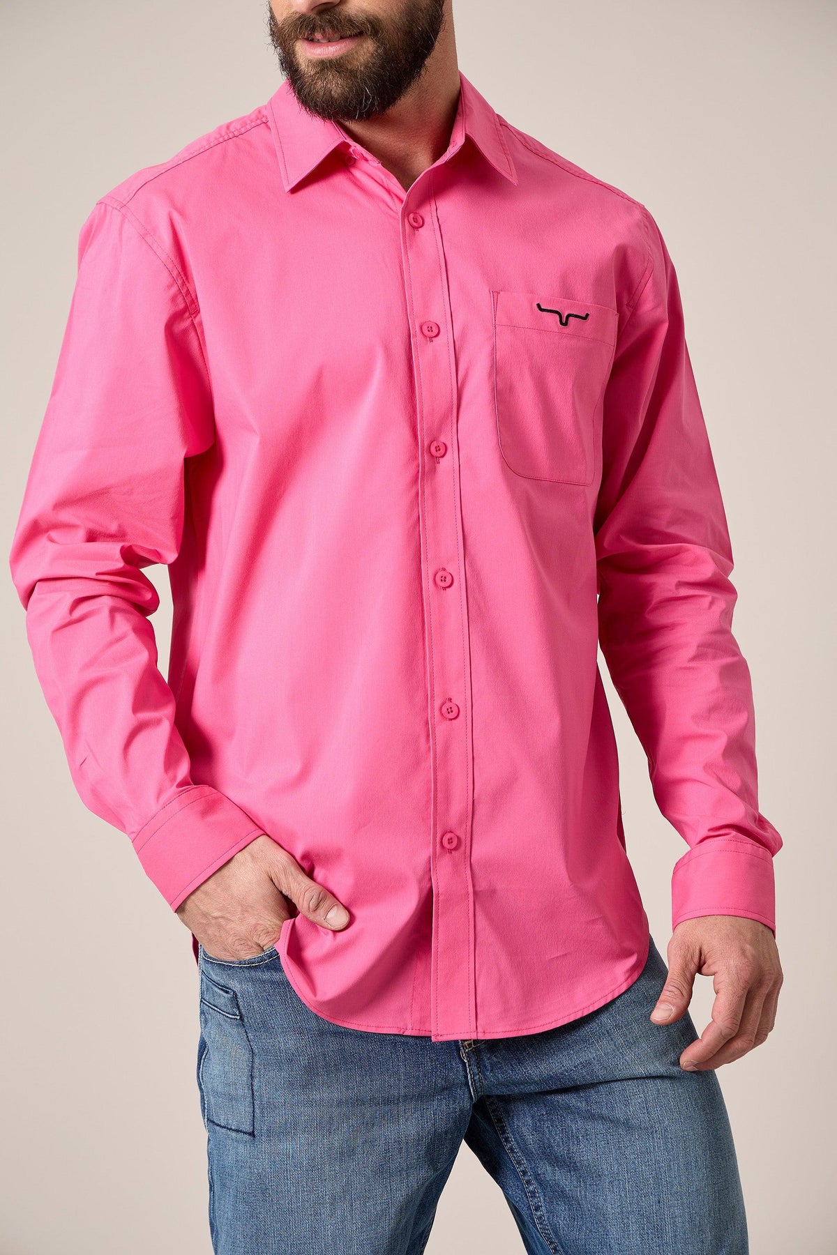 Kimes Ranch KR Team Dress Shirt in Pink with long sleeves and a chest pocket with the Kimes Ranch logo