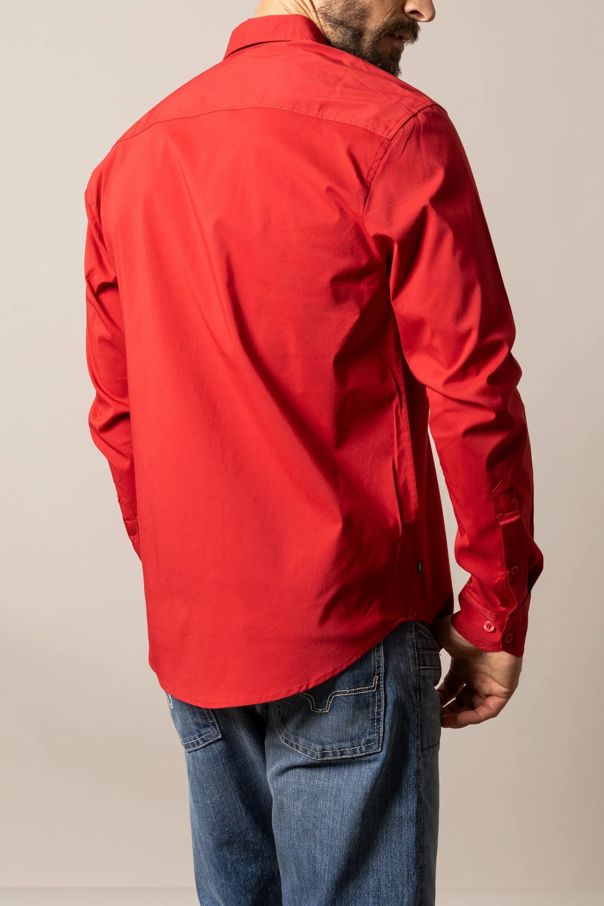 Kimes Ranch KR Team Dress Shirt in Red, back view, with a back yoke and long sleeves