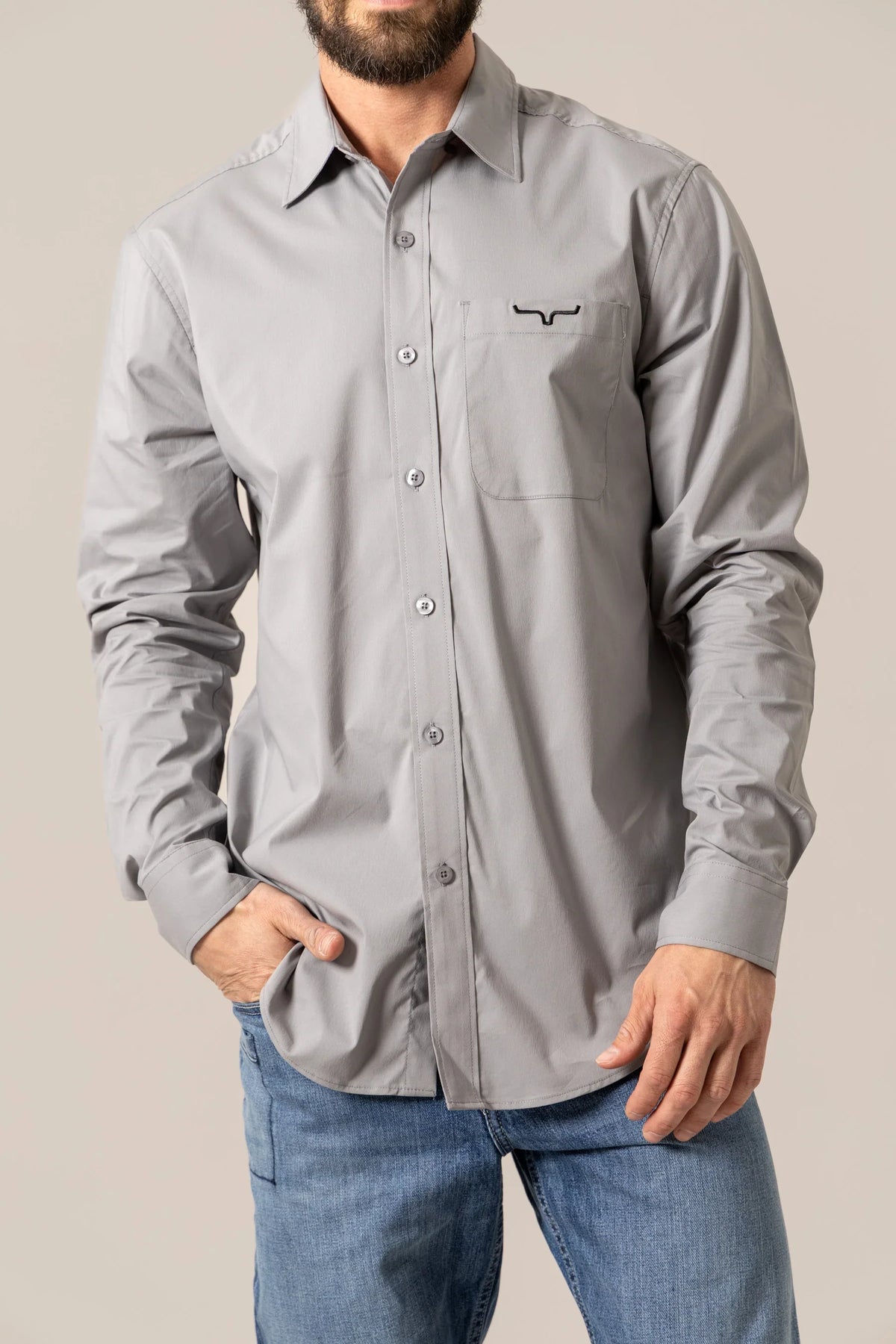 Kimes Ranch KR Team Dress Shirt in Grey with long sleeves and a chest pocket featuring the Kimes Ranch logo