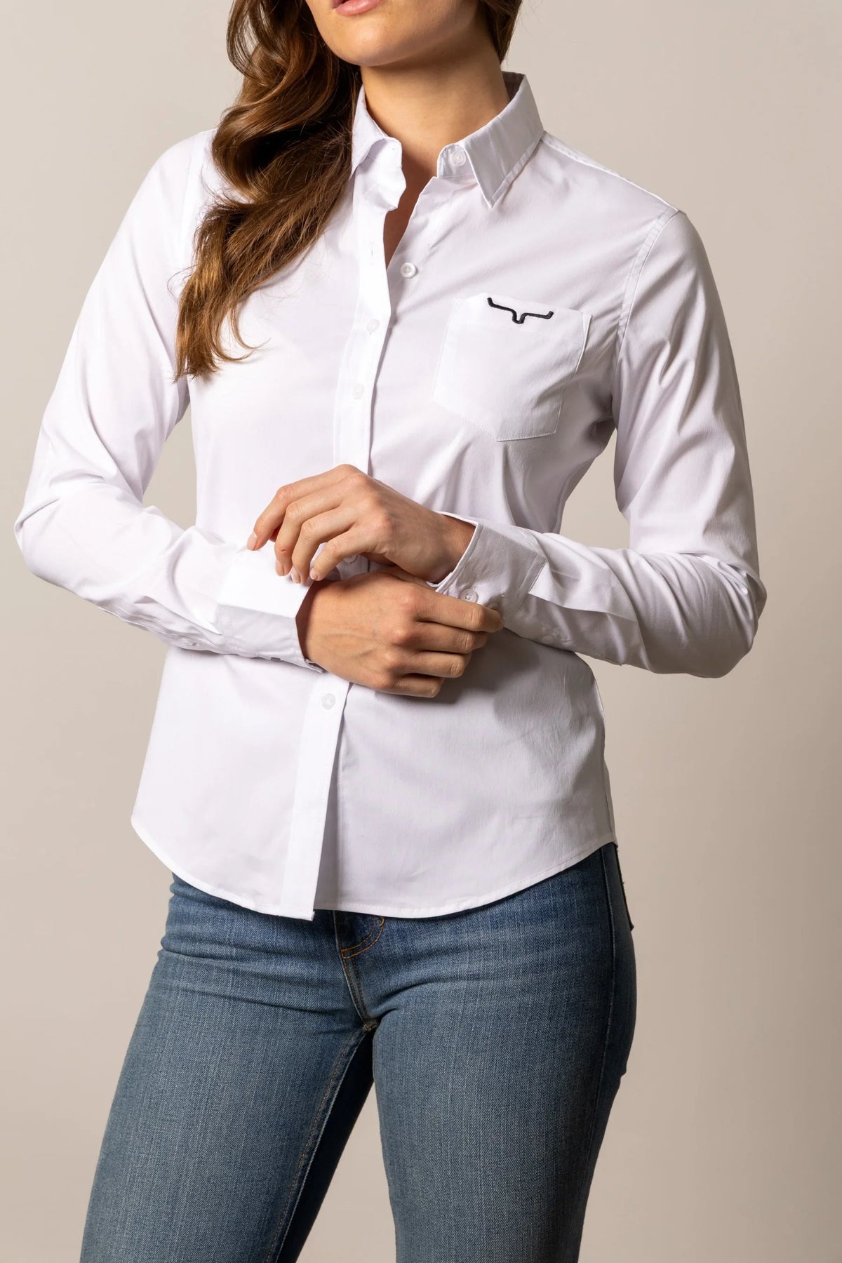 Kimes Ranch Ladies KR Team Shirt in White with long sleeves and a chest pocket with the Kimes Ranch logo