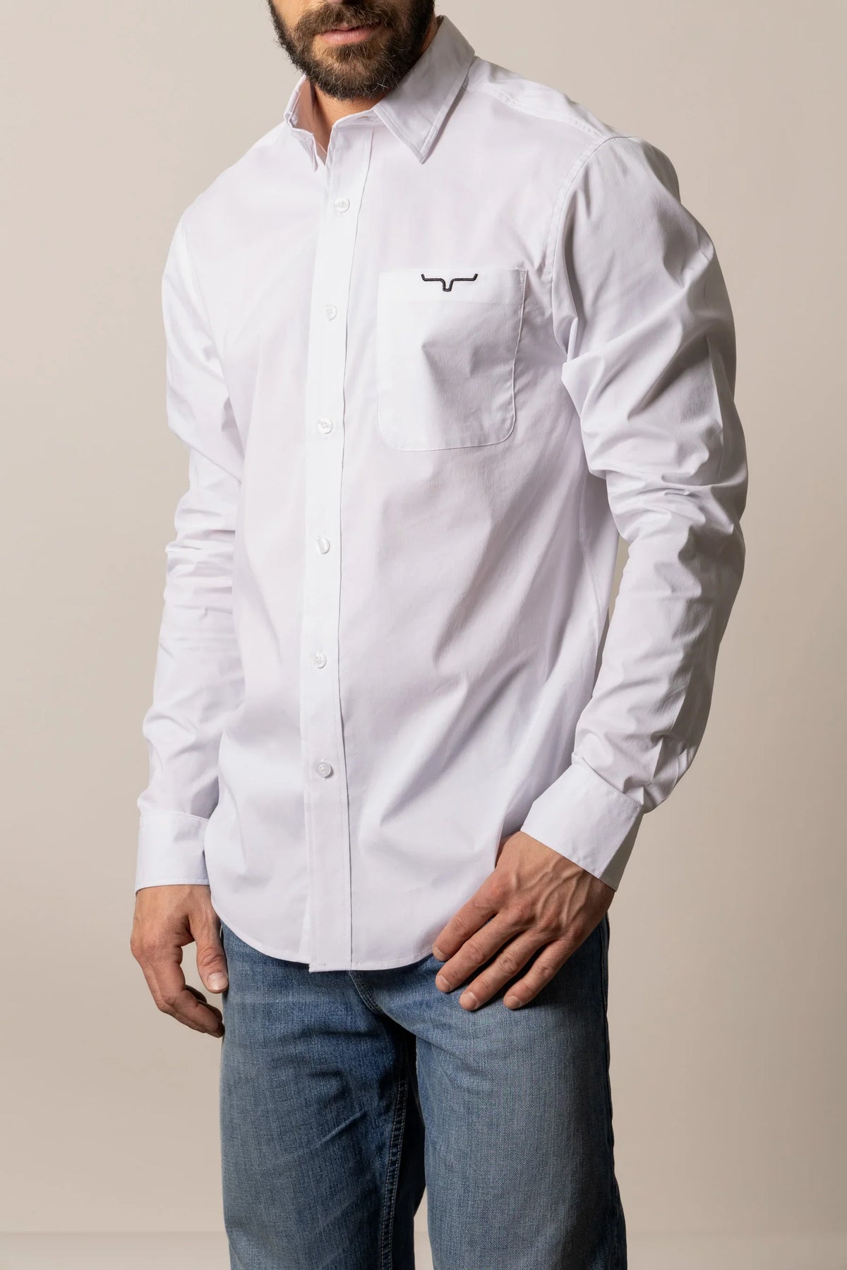 Kimes Ranch KR Team Dress Shirt in White with a chest pocket and embroidered Kimes Ranch logo