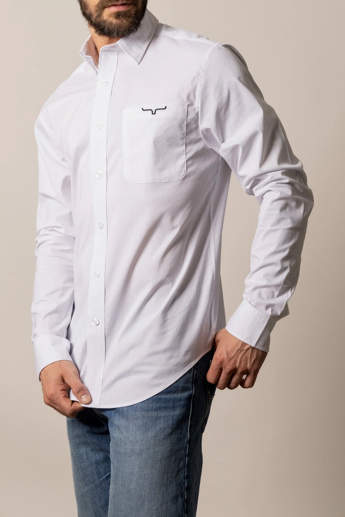 Kimes Ranch KR Team Dress Shirt in White with a chest pocket and embroidered Kimes Ranch logo