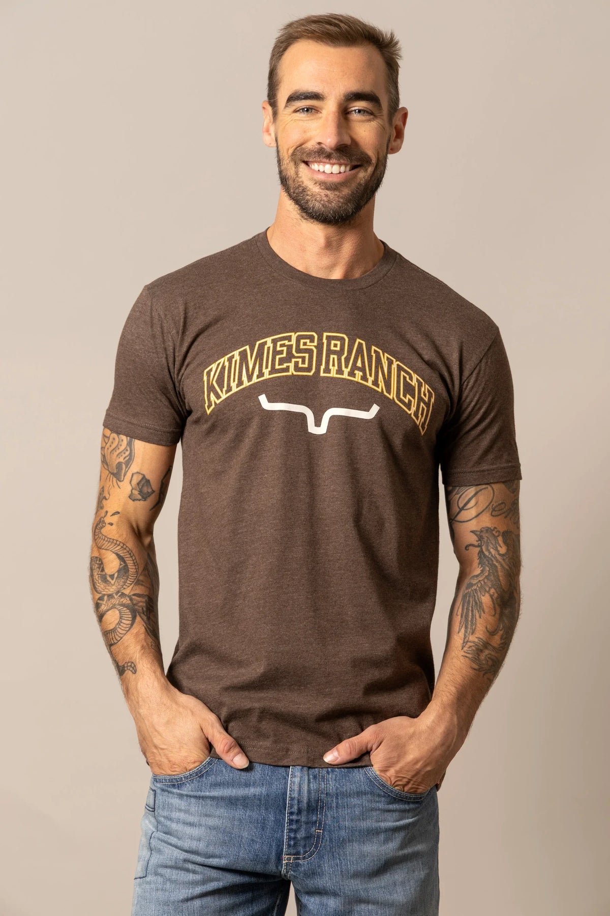Kimes Ranch KR University shirt in Espresso with a graphic print featuring the brand name and logo