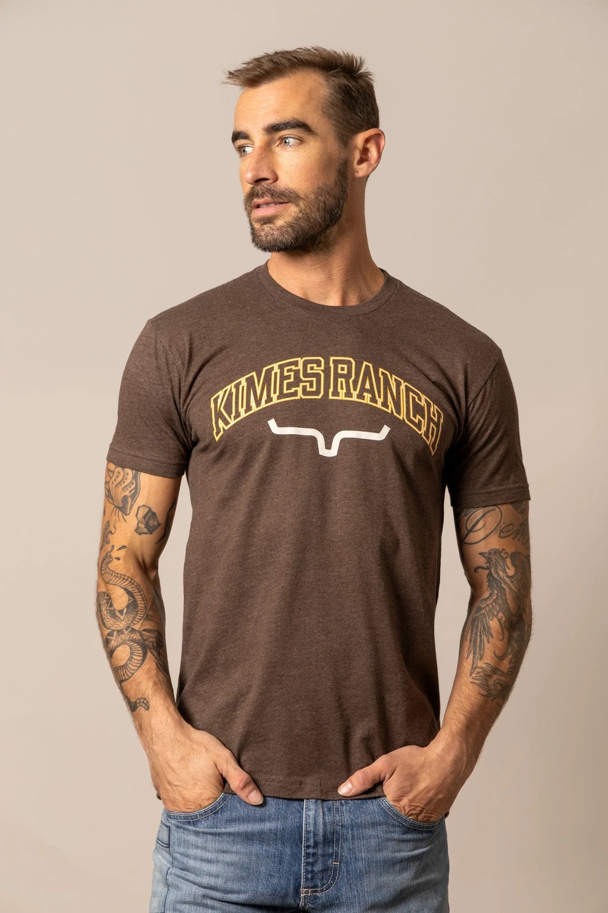 Kimes Ranch KR University shirt in Espresso with a Kimes Ranch logo and arched lettering