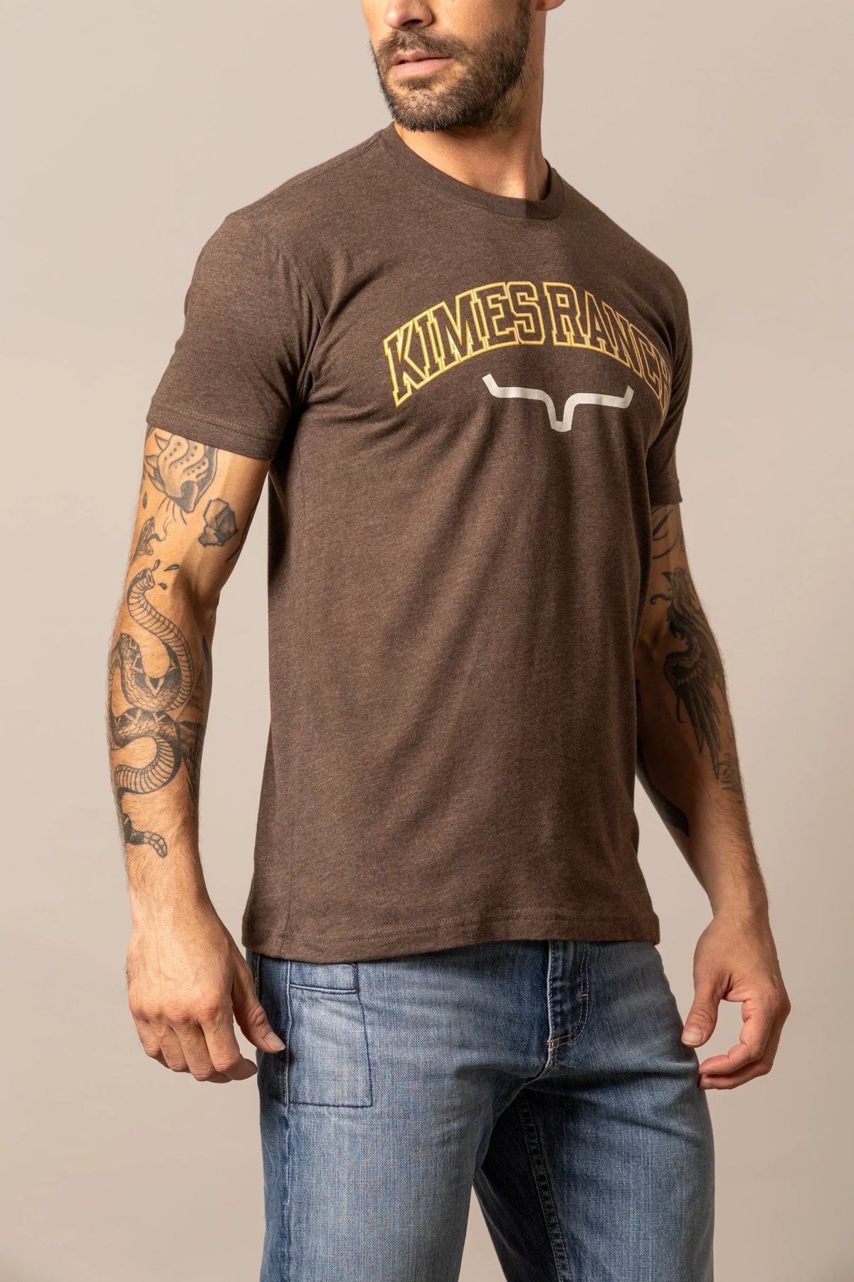 Kimes Ranch KR University shirt in Espresso with a front graphic featuring the Kimes Ranch logo